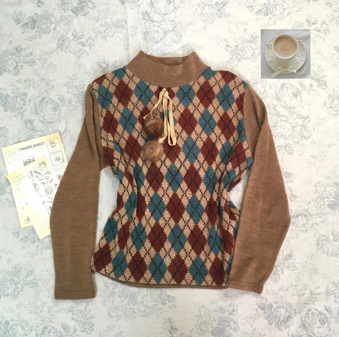 jpn vintage 아가일 폼폼 하프 폴라 니트 상품이미지4