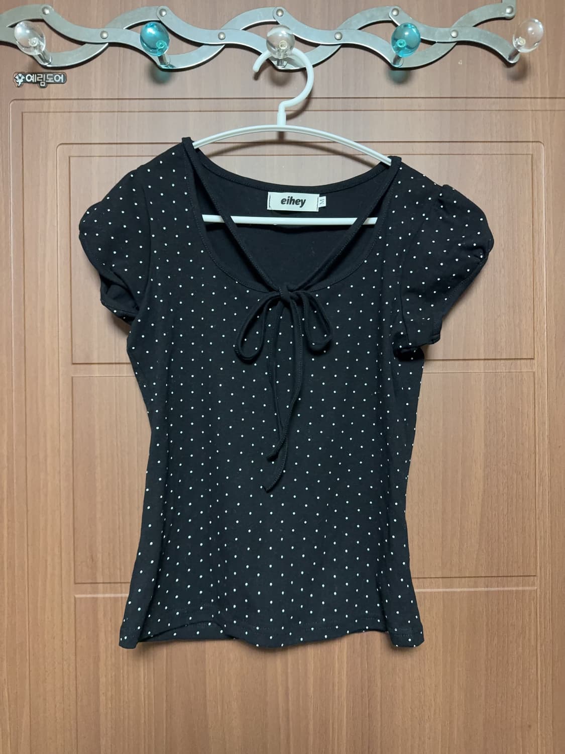 모리걸 하구미 에이블리 빈티지 블랙 도트 퍼프 끈 리본 반팔 블라우스 상품이미지1