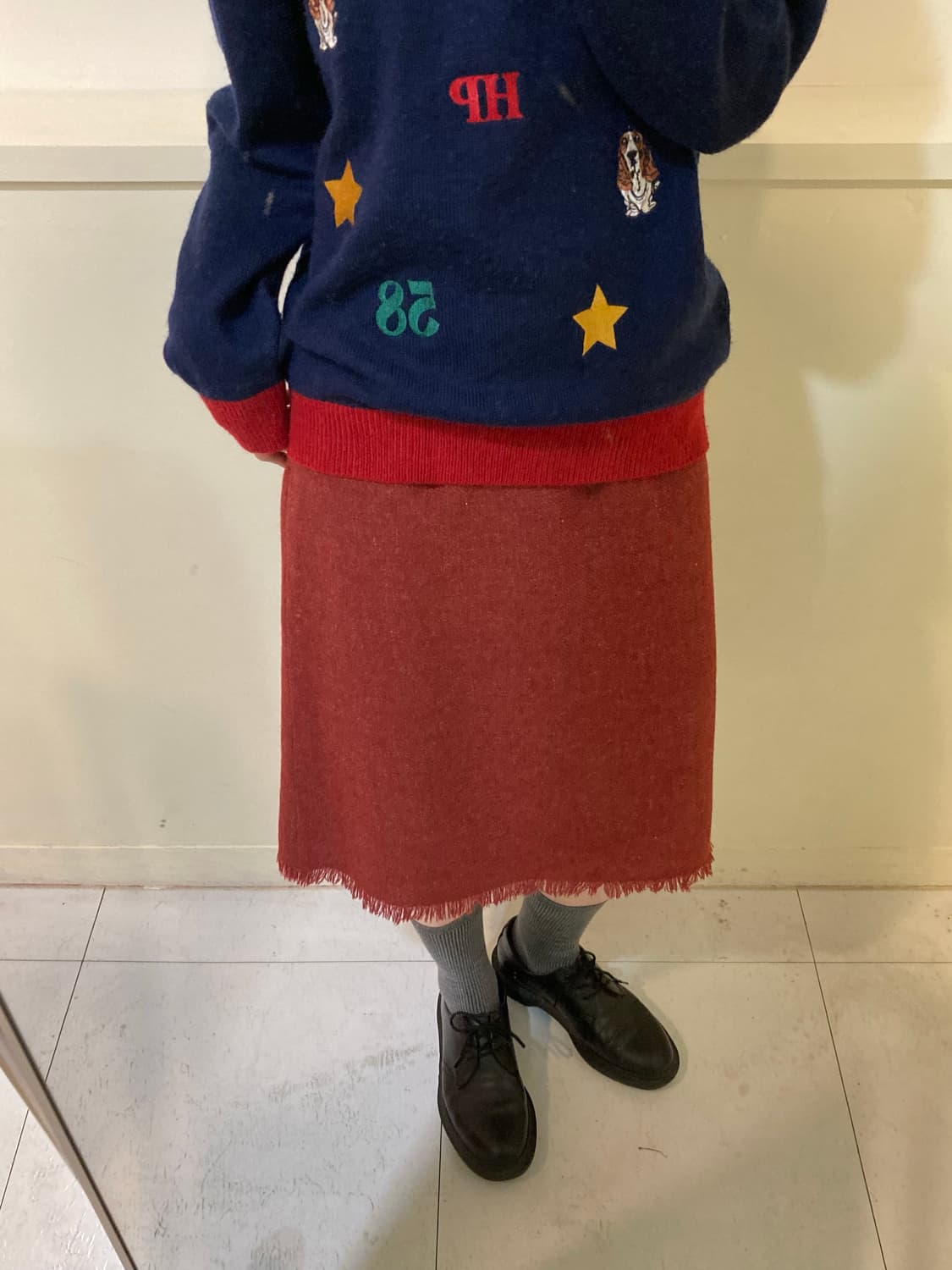 울 프린지 버건디 미디 스커트 상품이미지7