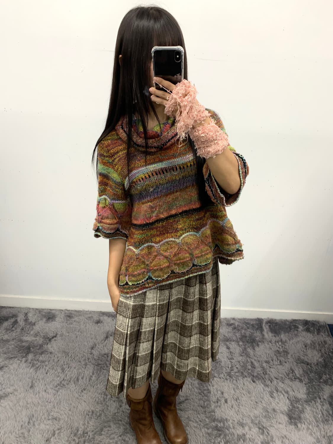 브라운 체크 플리츠 스커트 상품이미지3