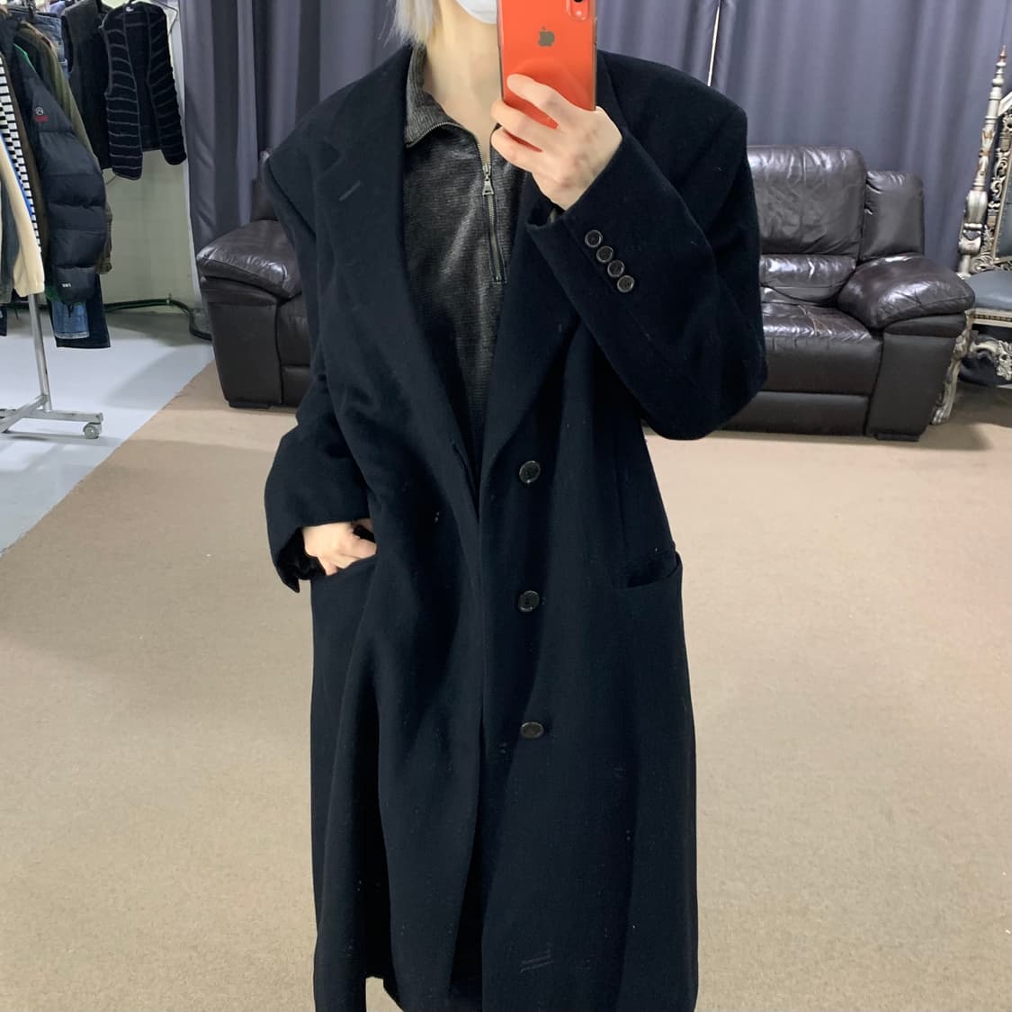 아쿠아스큐텀 블랙 싱글 버튼 롱코트 램스울 캐시미어 혼방 블레이저st남성 상품이미지1