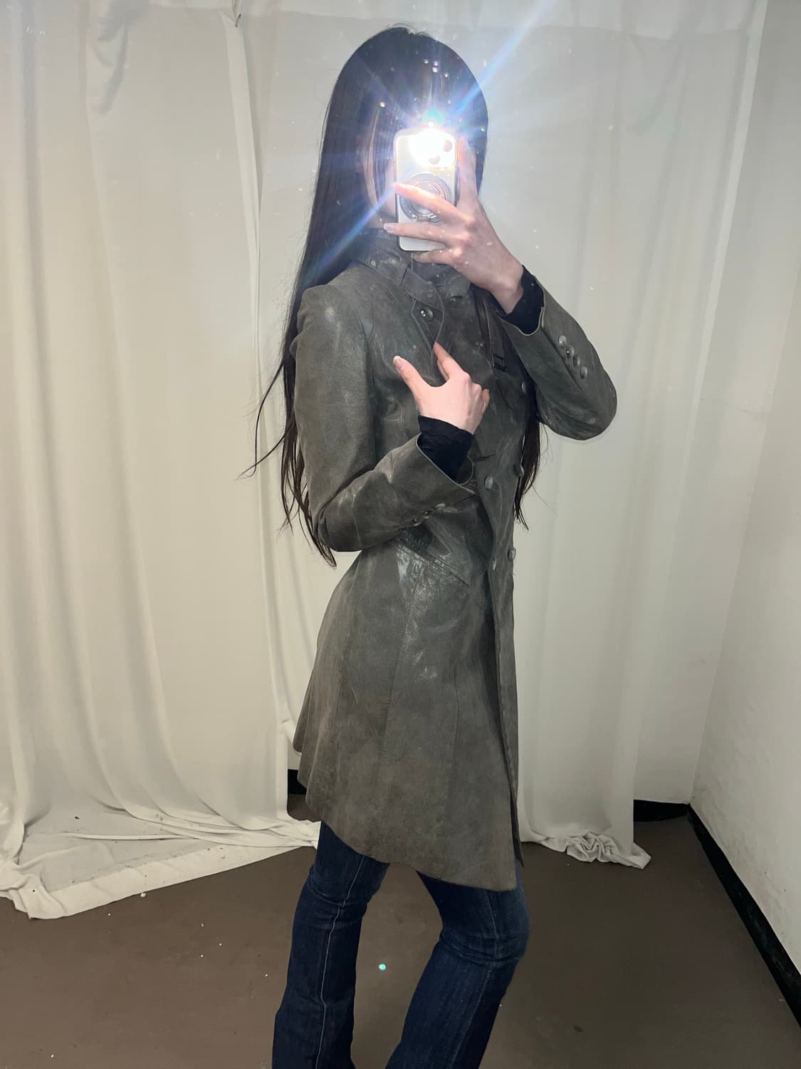 카키 그레이 나폴레옹 레더 코트 상품이미지5