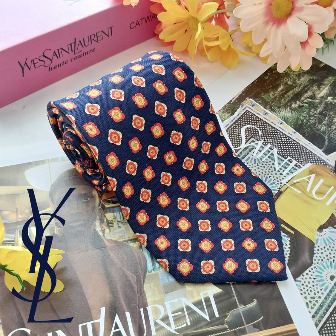 입생로랑 실크 네이비 플라워 모티브 넥타이 9.4cm A등급 K2583 상품이미지2