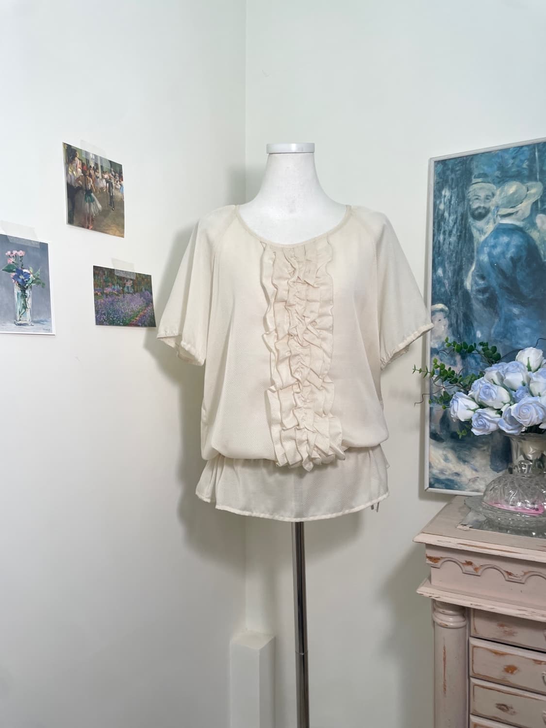 beige ivory ruffle waist string blouse 상품이미지1
