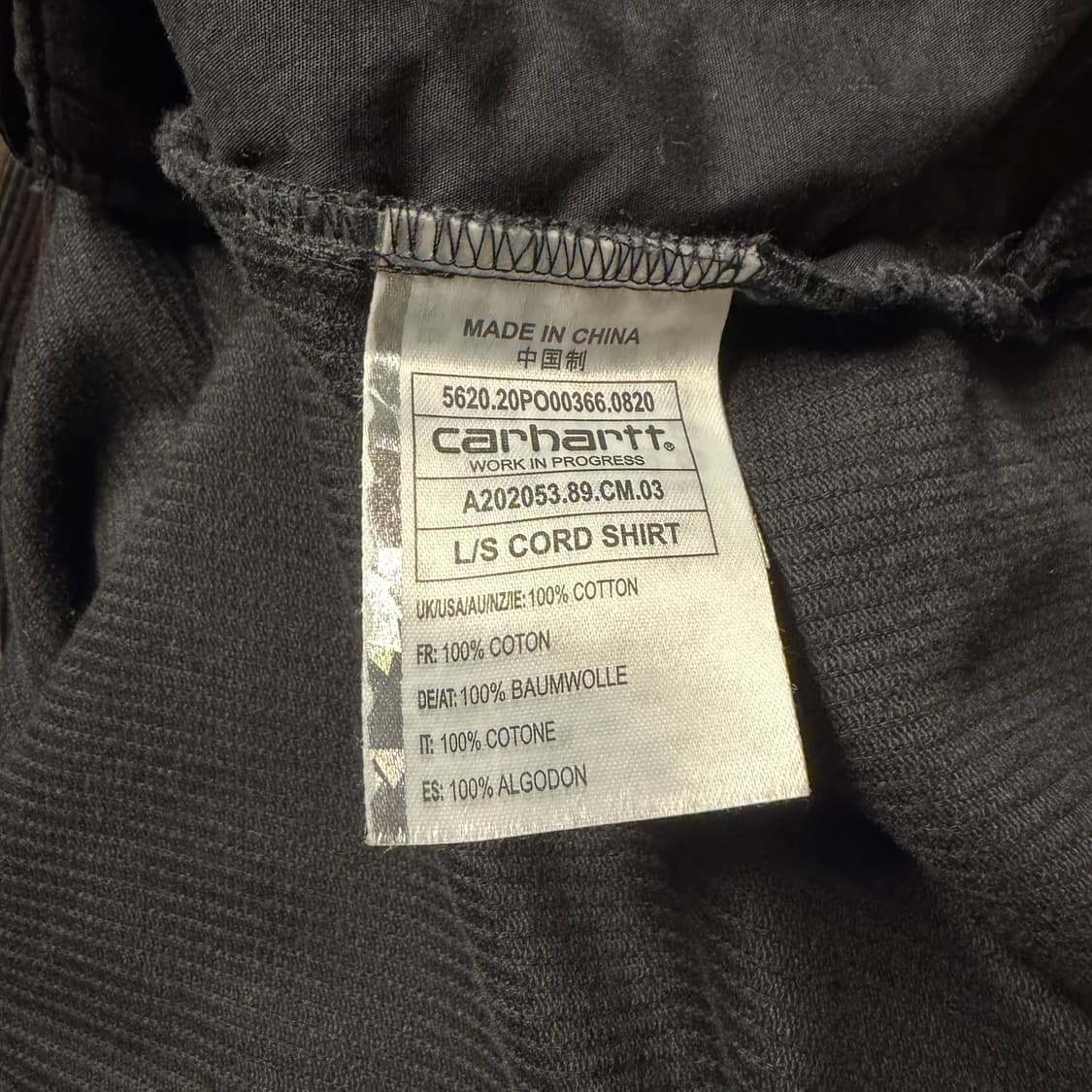 칼하트 WIP L/S 코드 코듀로이 셔츠 블랙 에이지드 워싱 상품이미지4