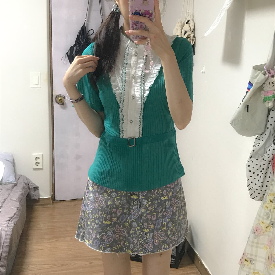빈티지 레이스 러플 민트 그린 블라우스 히메갸루 로걀 긱시크 짜잔식 고딕 상품이미지1