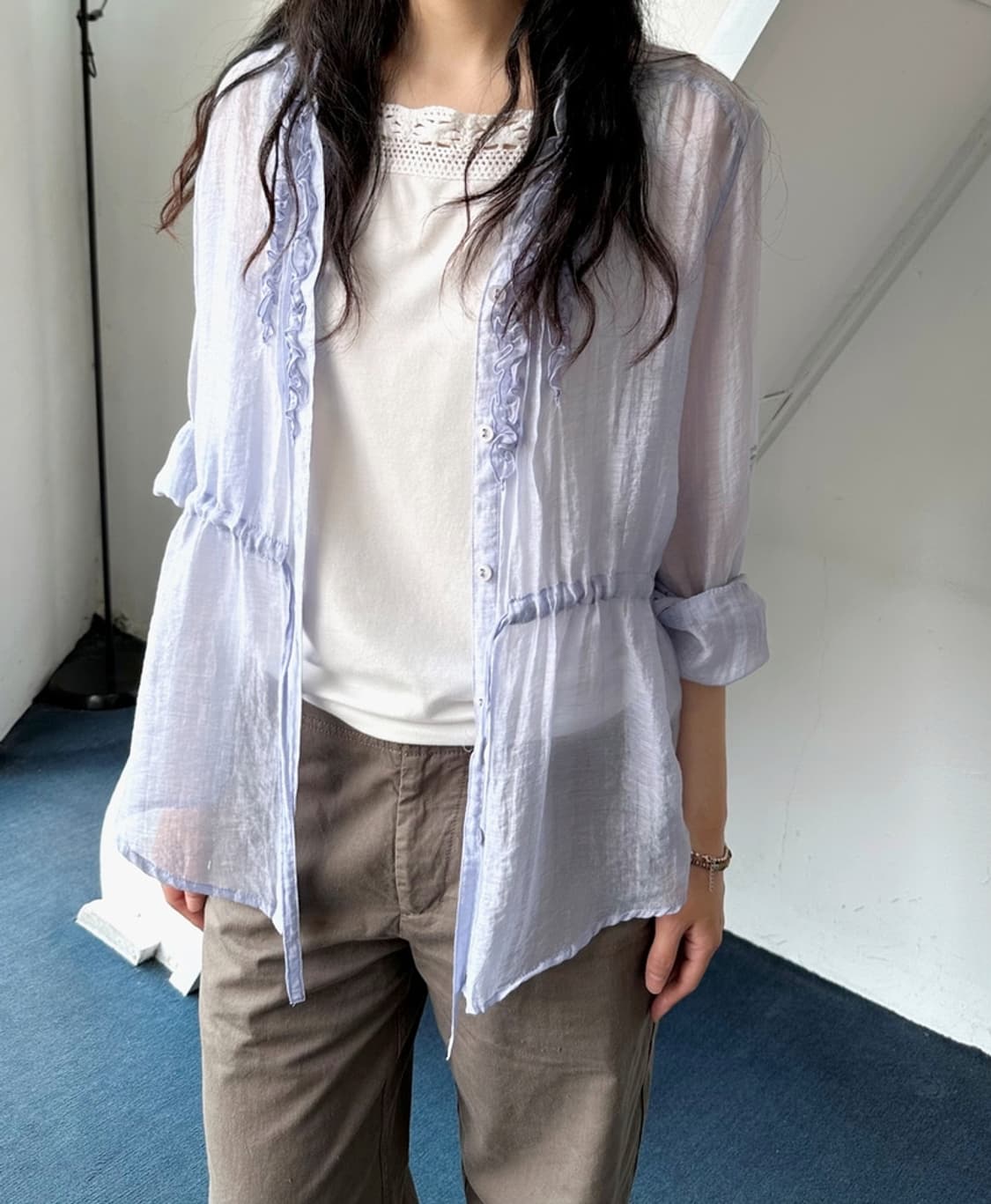Sheer fabric shirred design blouse shirt 상품이미지10