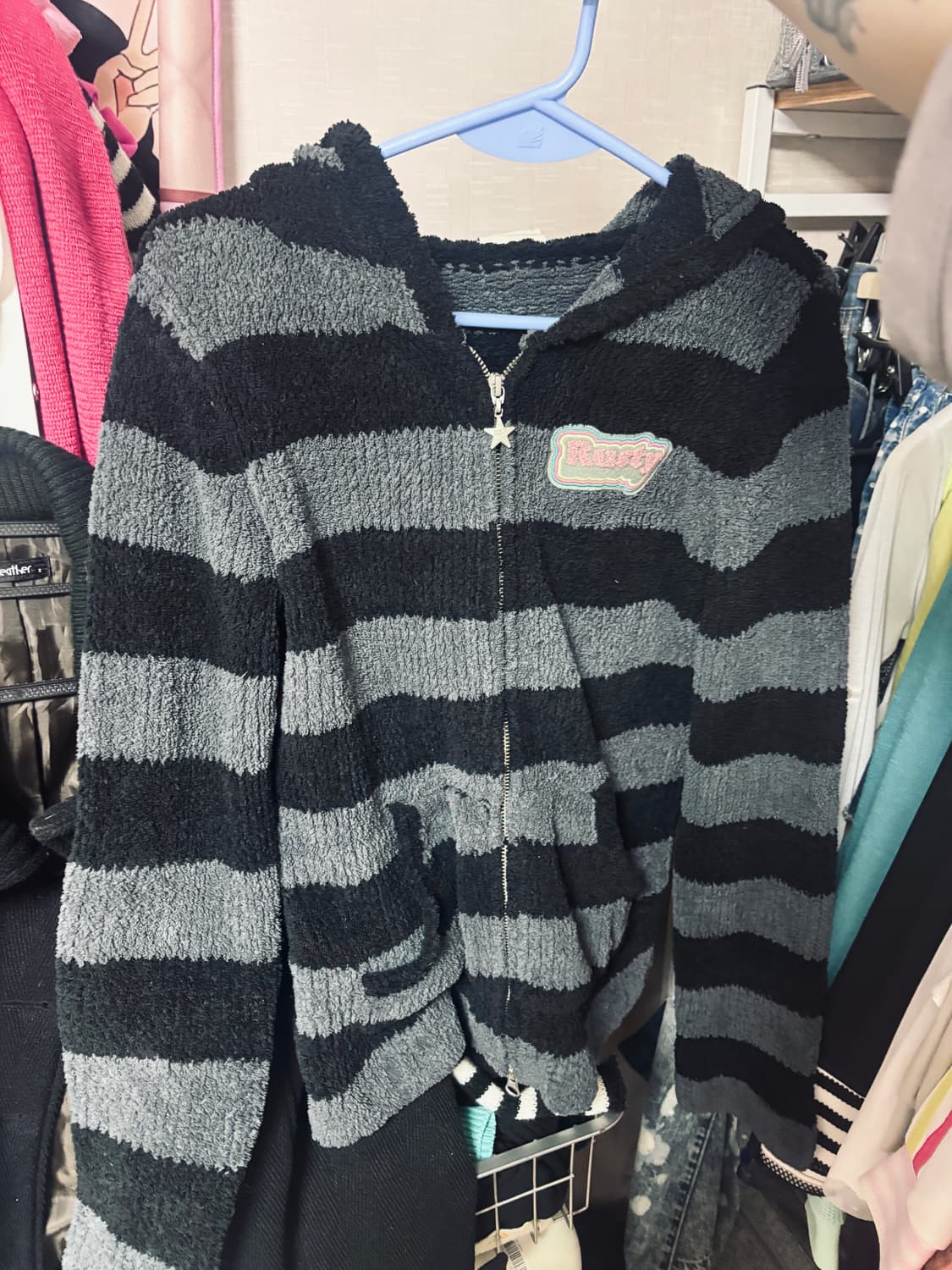 스트라이프 별 후리스 후드집업 자켓 빈티지 니혼진 펑크  상품이미지1