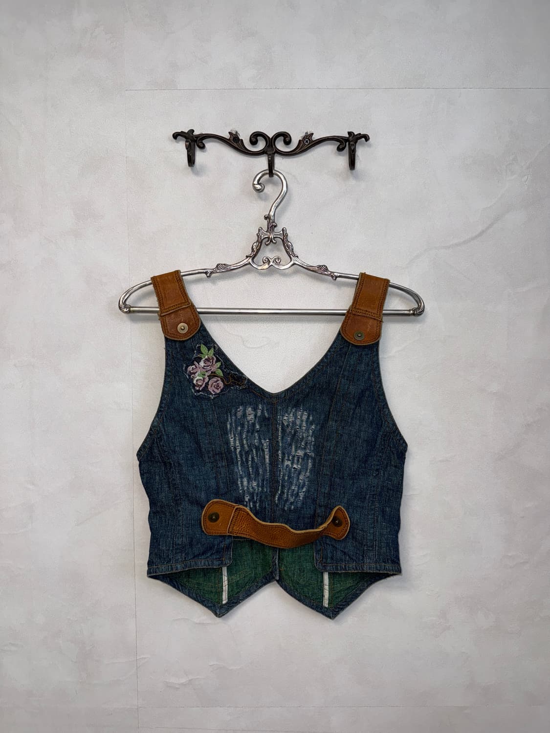 Bohemian flower leather patch denim vest 상품이미지3