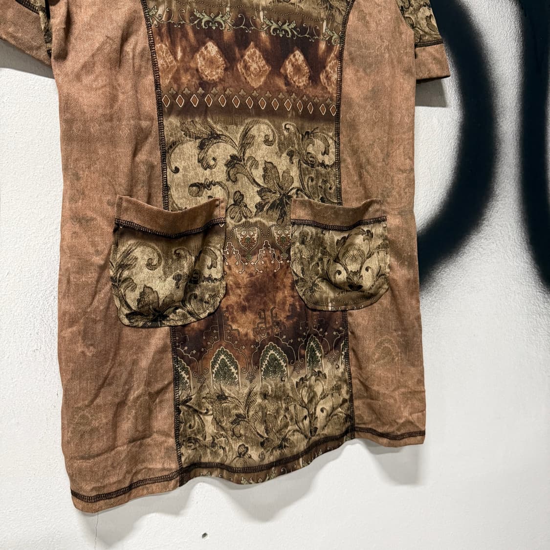 VTG 빈티지 브라운 보헤미안 에스닉 패턴 투포켓 반팔 탑 상품이미지5