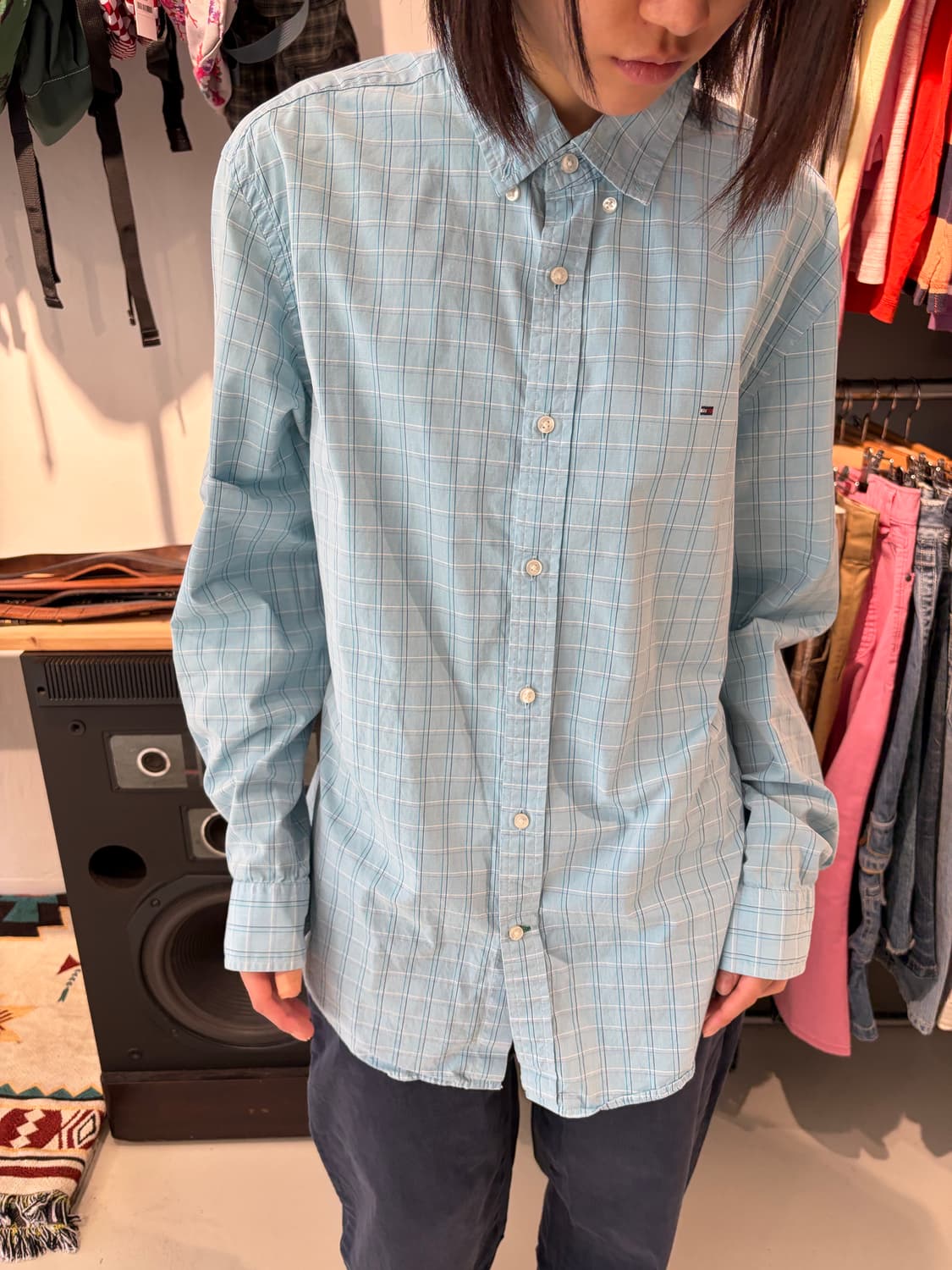 TOMMY HILFIGER 80's 2PLY 스카이블루 체크 셔츠 L 상품이미지3