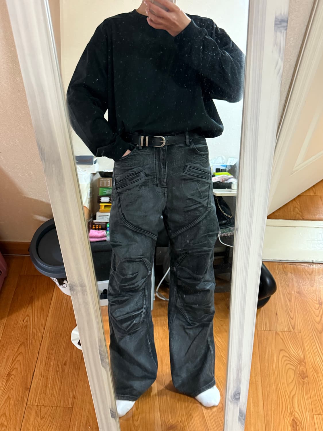 디앤에스알 - 바이커 코팅 데님 팬츠 (블랙/M) 상품이미지3