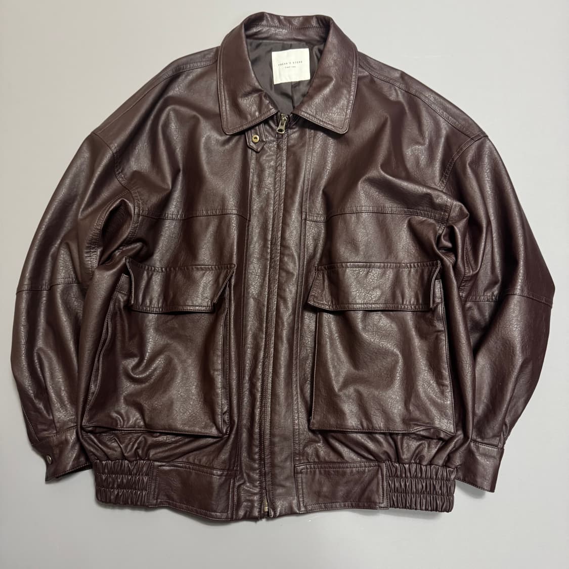 프릭스스토어 다크브라운컬러 드롭숄더 2way 칼라넥 레더 자켓 상품이미지7