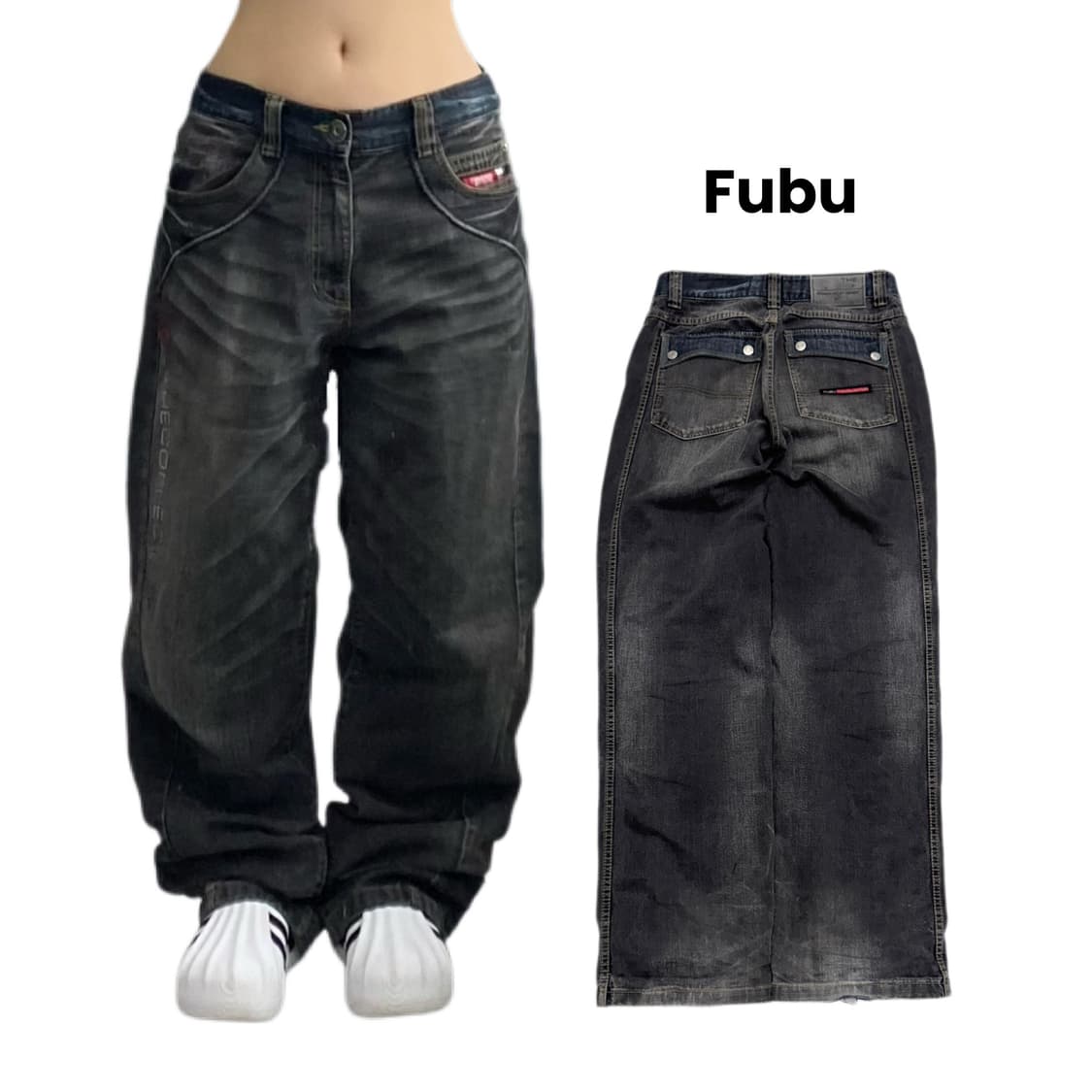 FUBU 후부 워싱 흑청 힙합 올드스쿨 와이드 데님팬츠 상품이미지1