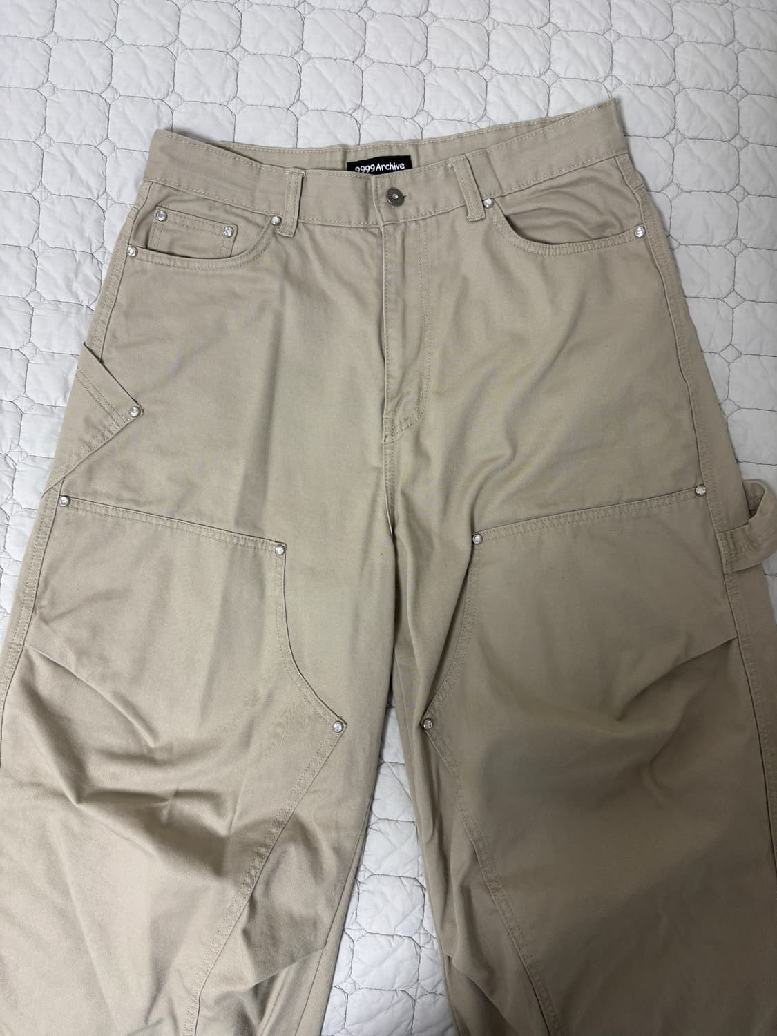 [2] 9999아카이브 쥬얼리 리벳 더블니 팬츠 베이지 상품이미지4