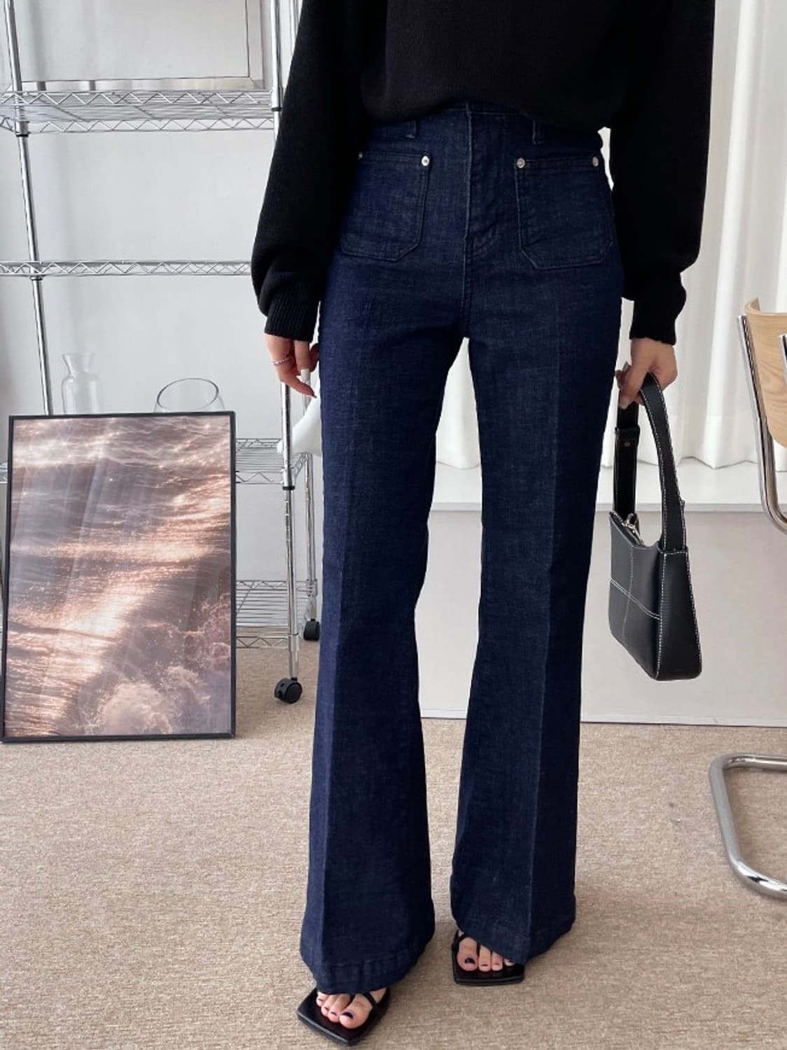 프리미엄진 아웃포켓 논페이드 생지 세미부츠컷 데님팬츠 상품이미지1