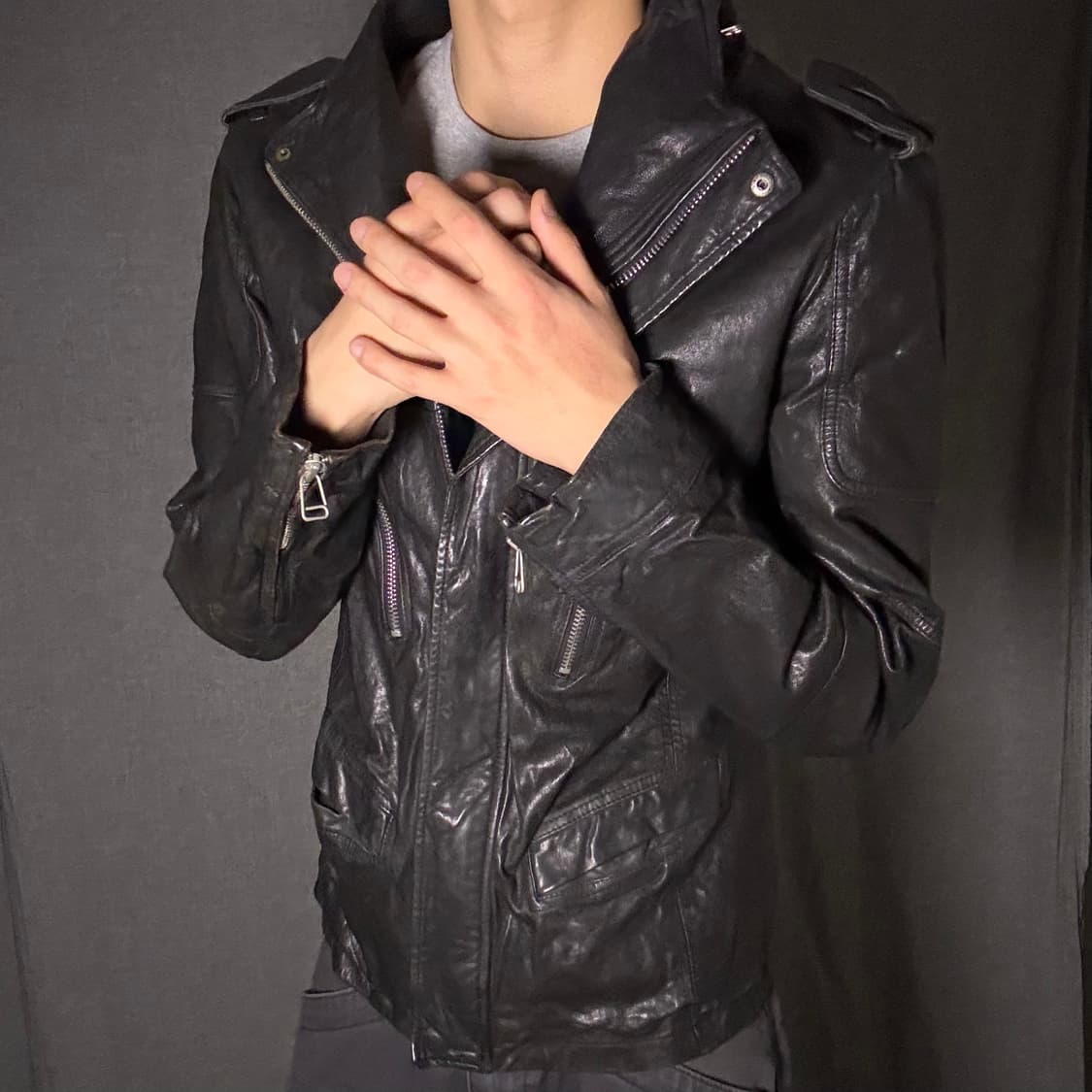 하이넥 지퍼 디테일 양가죽 자켓 상품이미지4