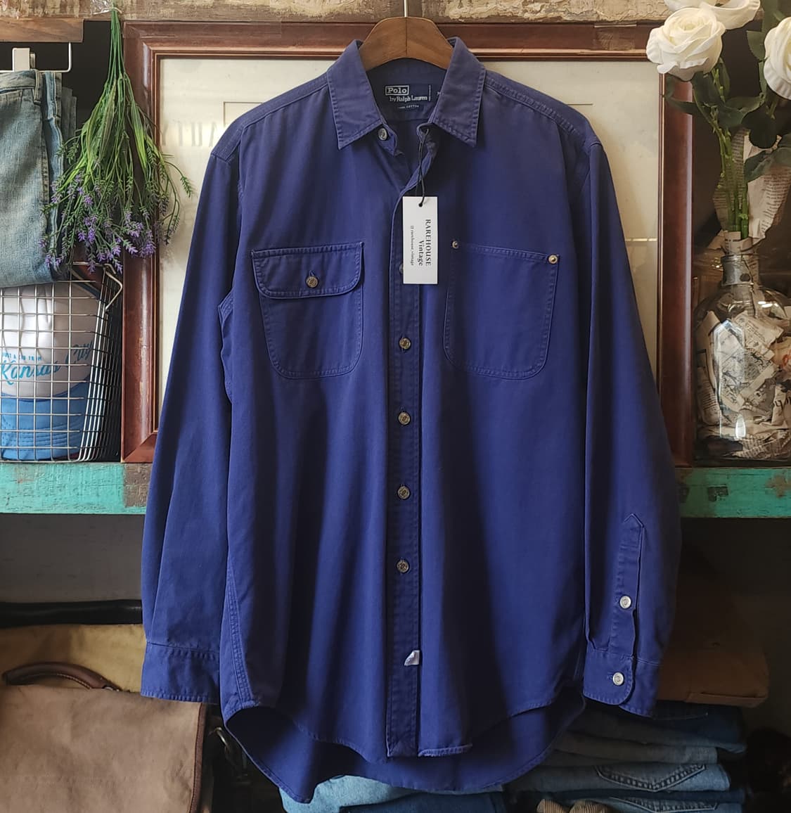 90s 폴로 헤비코튼 투포켓 워크셔츠 삼중 스티치 블루 M 상품이미지1