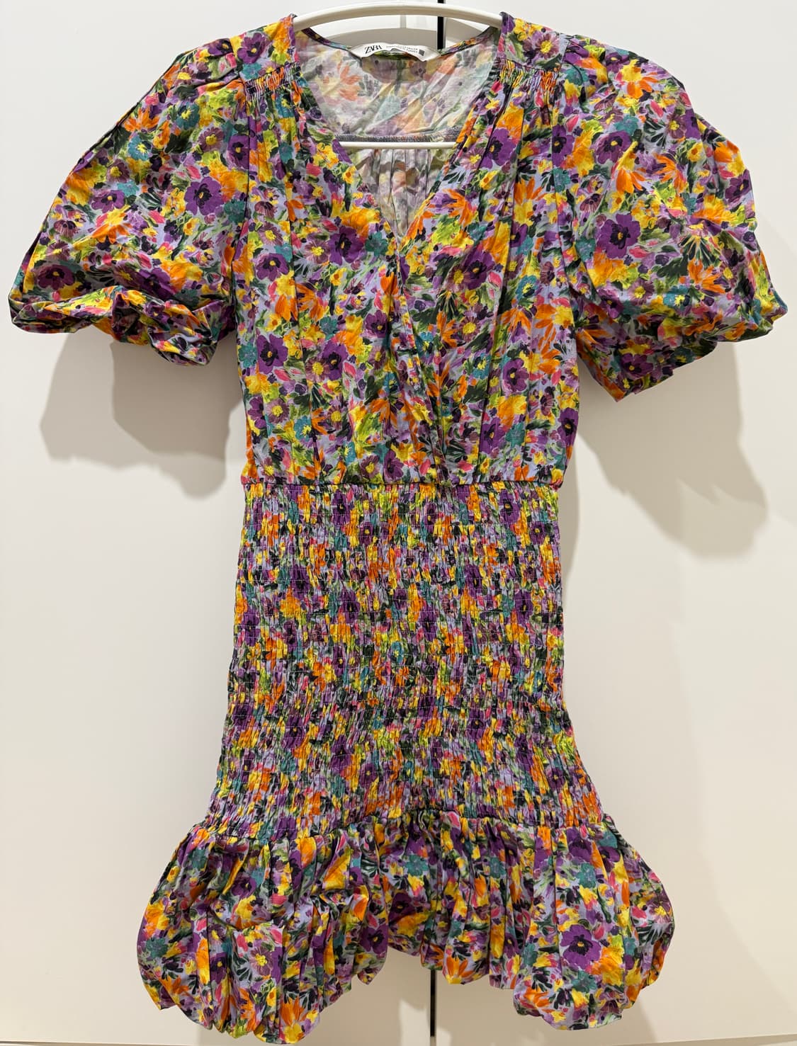 (1회착용) 자라 플로럴 퍼프 소매 셔링 미니 원피스 XS 상품이미지4