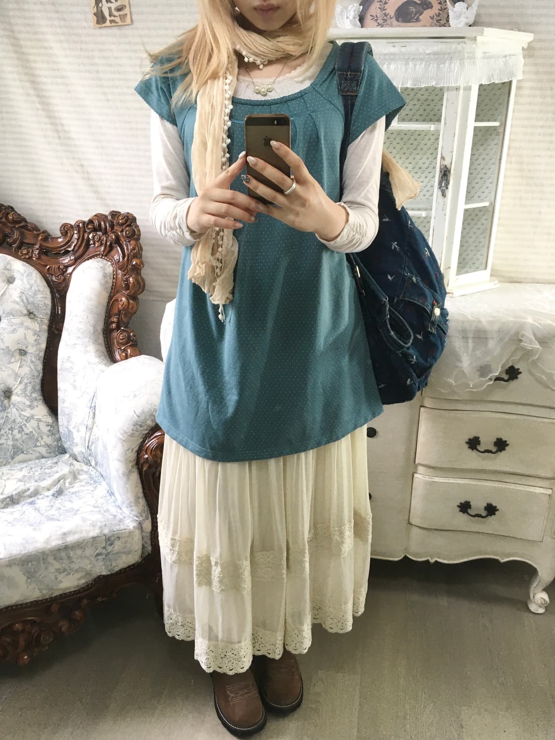 Set) 블루그린 민트 도트 블라우스+모리 레이스 티+레이스머플러 상품이미지2