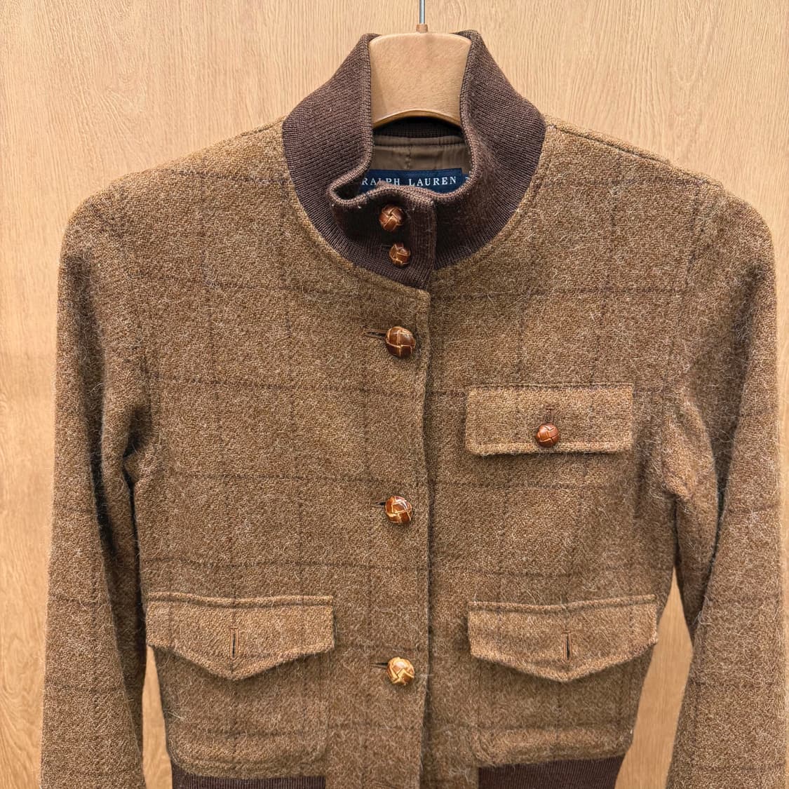 폴로 랄프로렌 하이넥 체크 울 블루종 자켓 플랩 포켓 디테일 브라운 상품이미지4