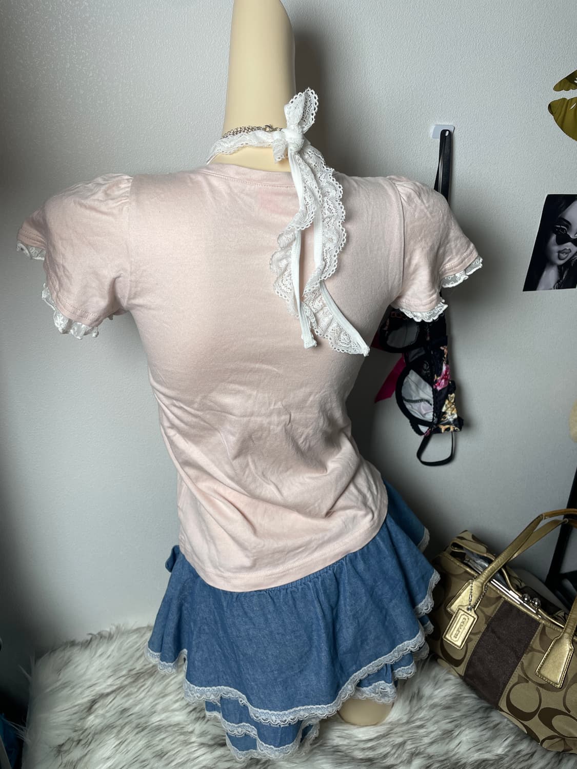 빈티지 리본 연핑크 반팔 티셔츠 상품이미지3