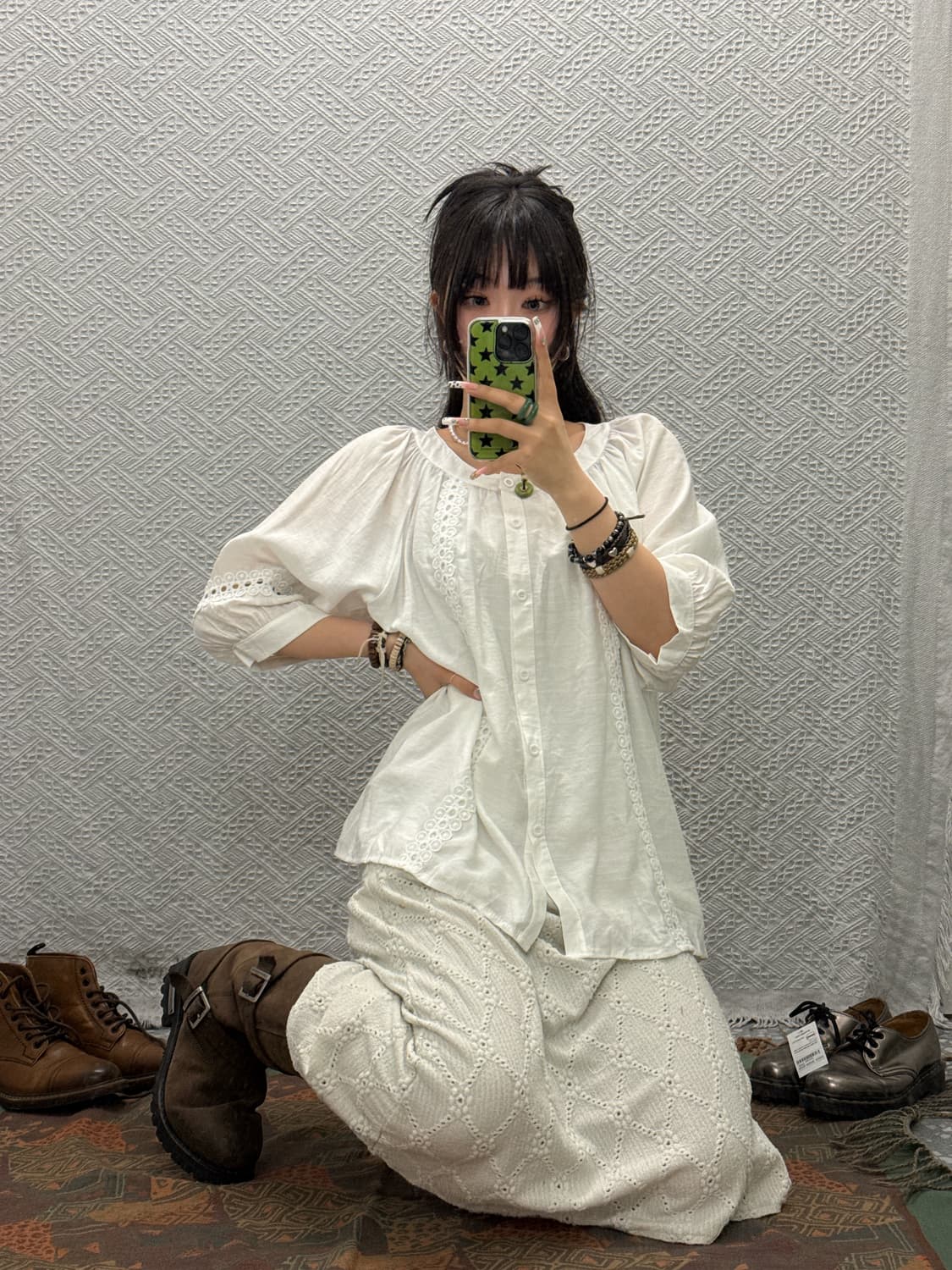 빈티지 레이스 자수 펀칭테이프 코지 블라우스 K0148 상품이미지1