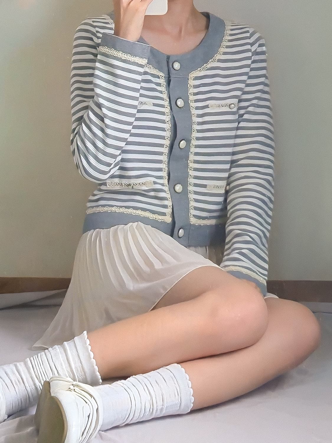 일본 빈티지 레이스 스트라이프 모리 가디건 상품이미지1
