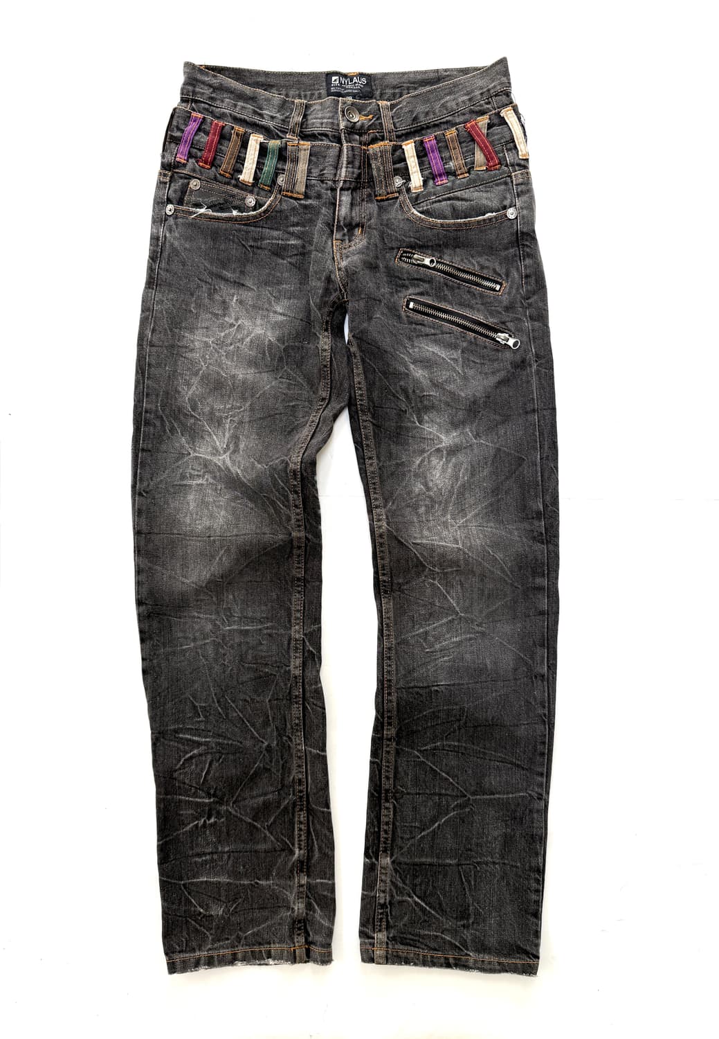 NYLAUS 멀티 벨트디테일 워싱 블랙 데님 팬츠 상품이미지1