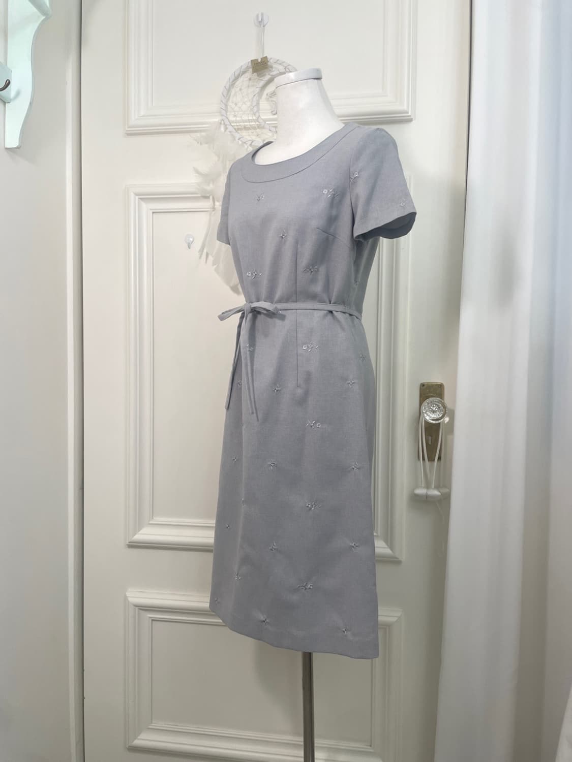 graish blue flower embroidery bow belt o 상품이미지2