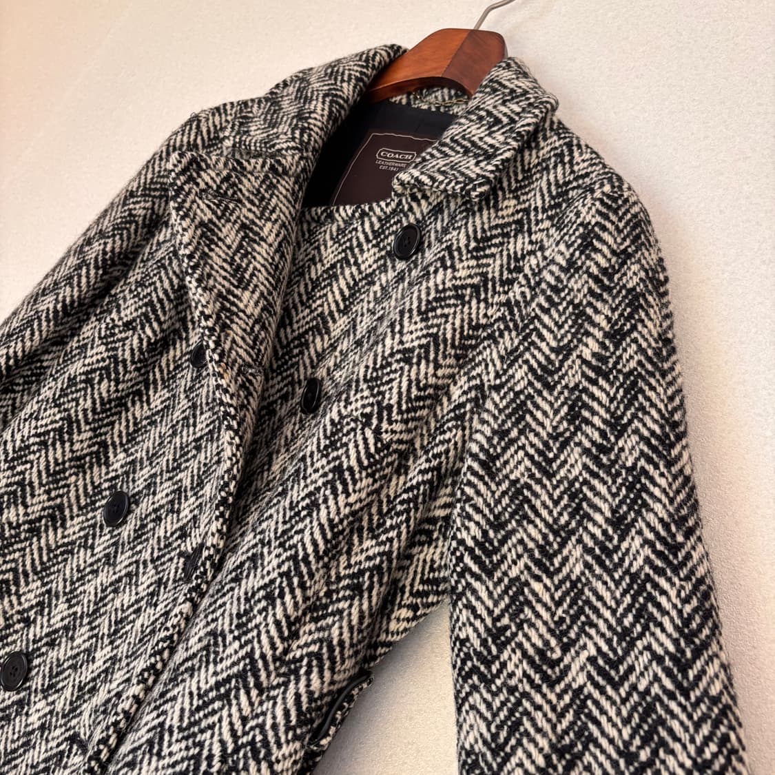 코치 정품 더블 코트 헤링본 2 사이즈 모헤어 가죽 디테일 상품이미지7