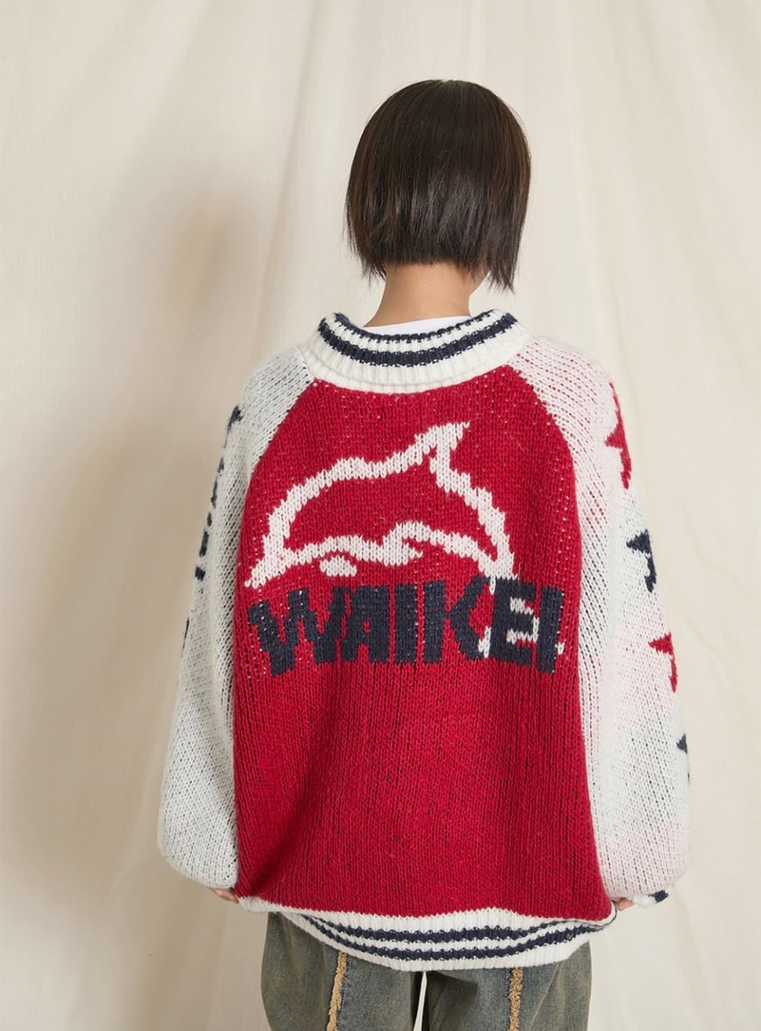 [새제품] 와이케이 waikei 돌핀 스타 로고 집업 헤비 가디건 레드 상품이미지5