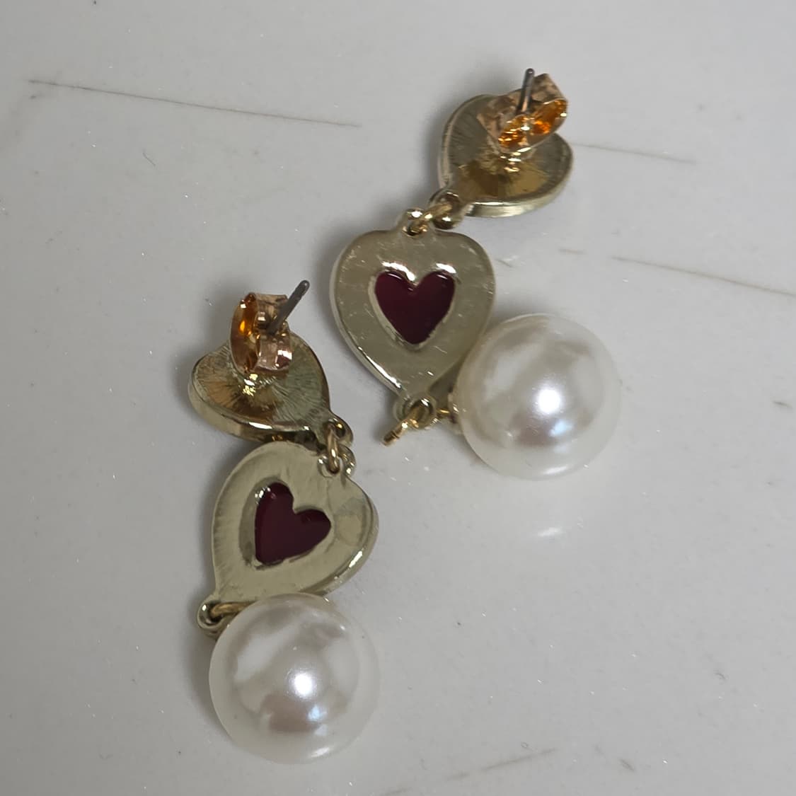 일본빈티지)로맨틱 가넷루비컬러 하트스톤 진주 드롭귀걸이 상품이미지3
