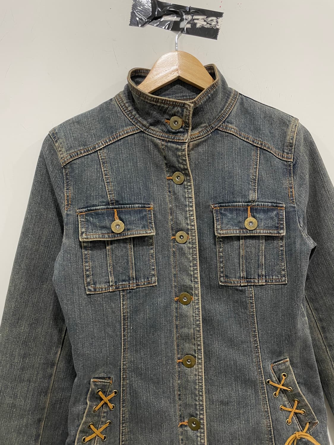 코르셋 레이스업 슬림 워싱 하이넥 데님 자켓 상품이미지7