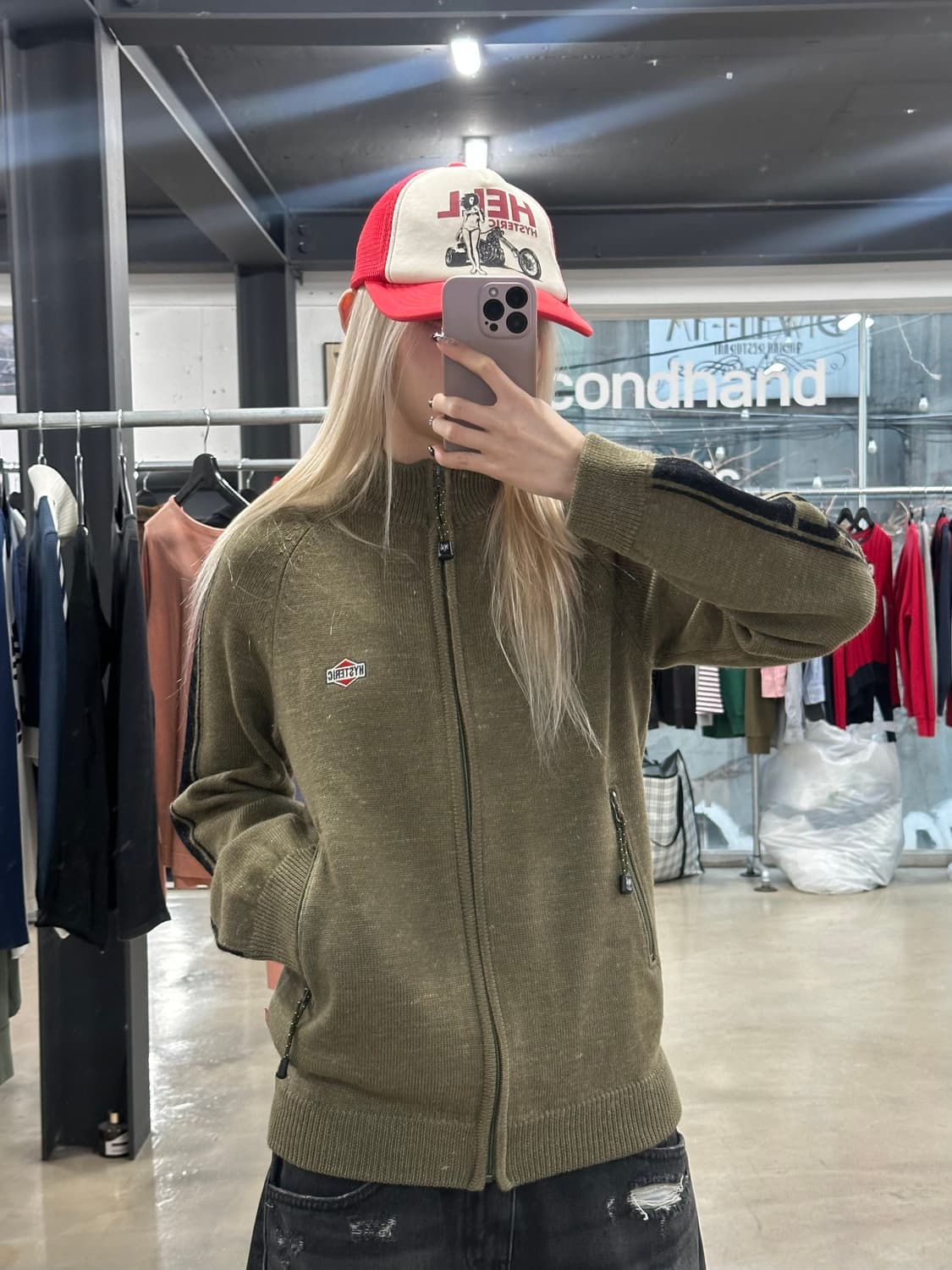 히스테릭글래머 로고 자수 카키 니트 집업 상품이미지1