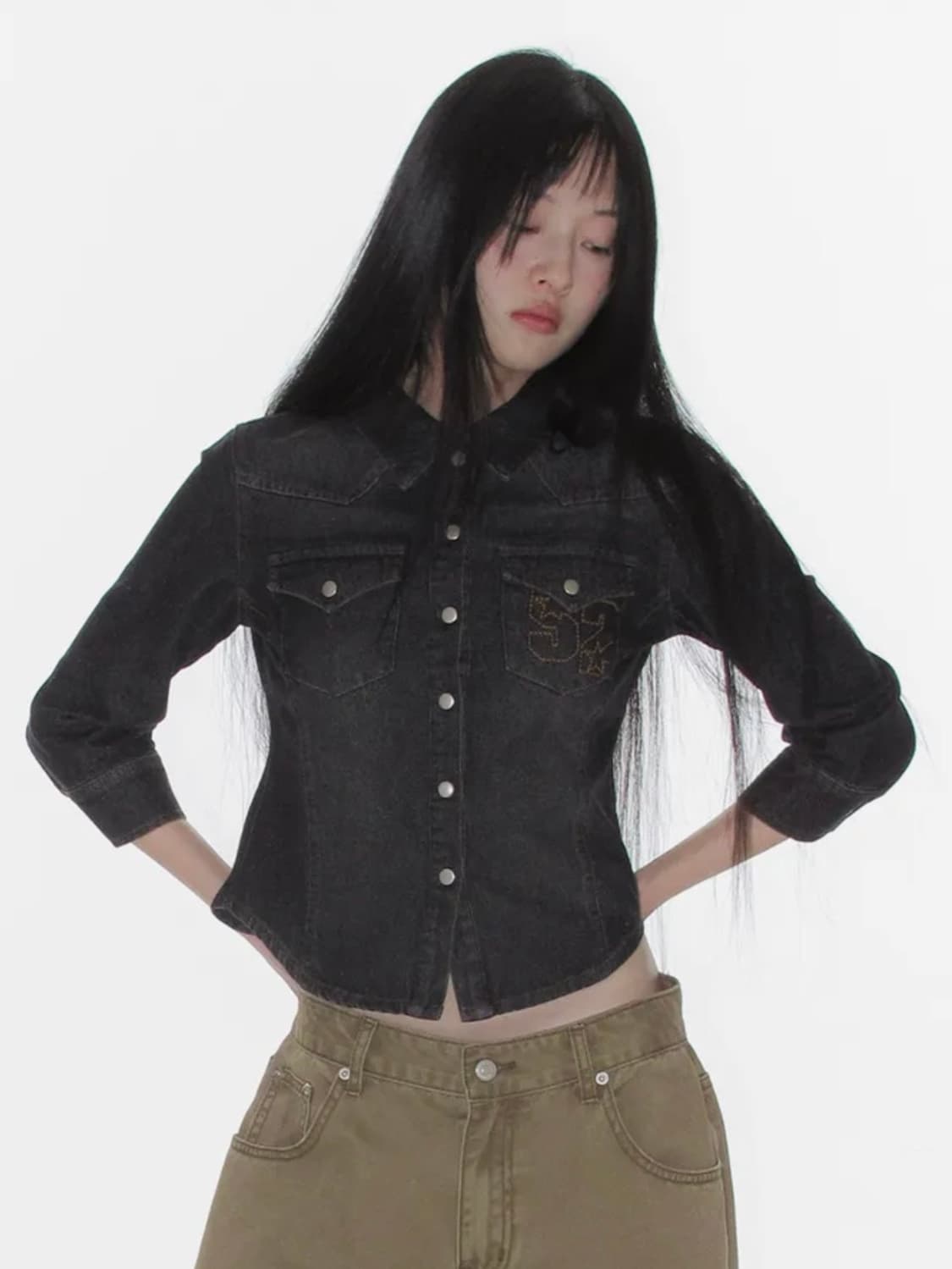 아메스 월드와이드 3/4 슬리브 데님 셔츠 블랙  상품이미지4
