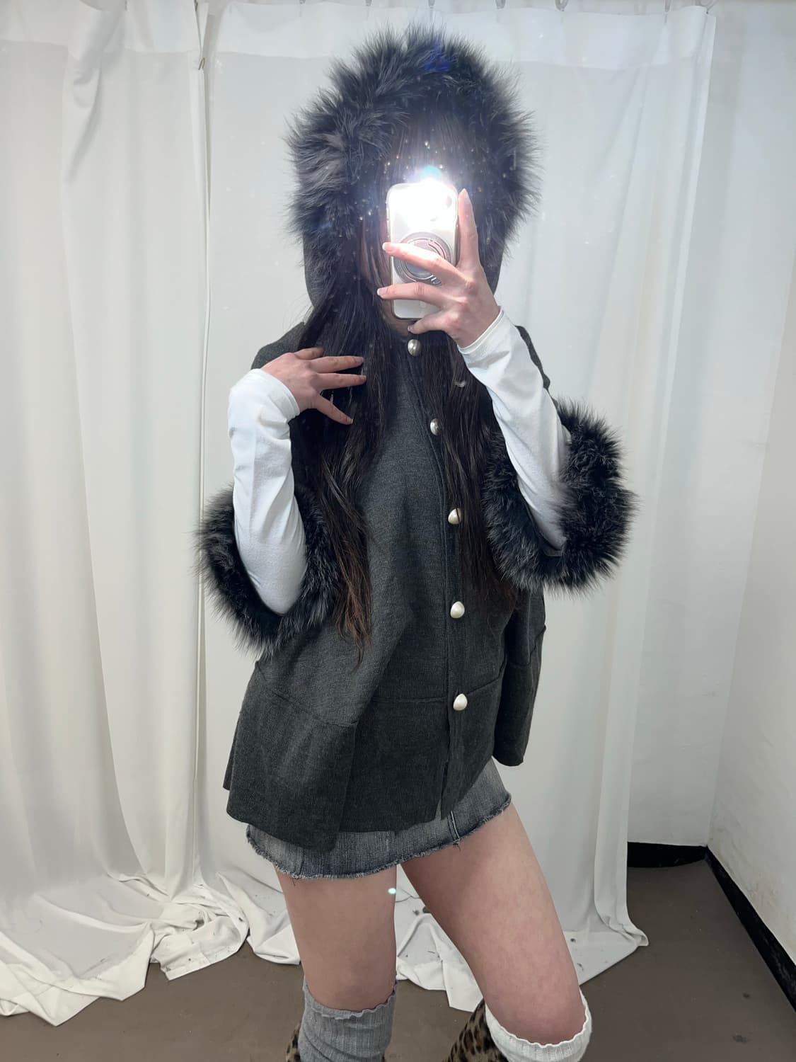 갸루st 울프죠 그레이 후드 판쵸 가디건 상품이미지4