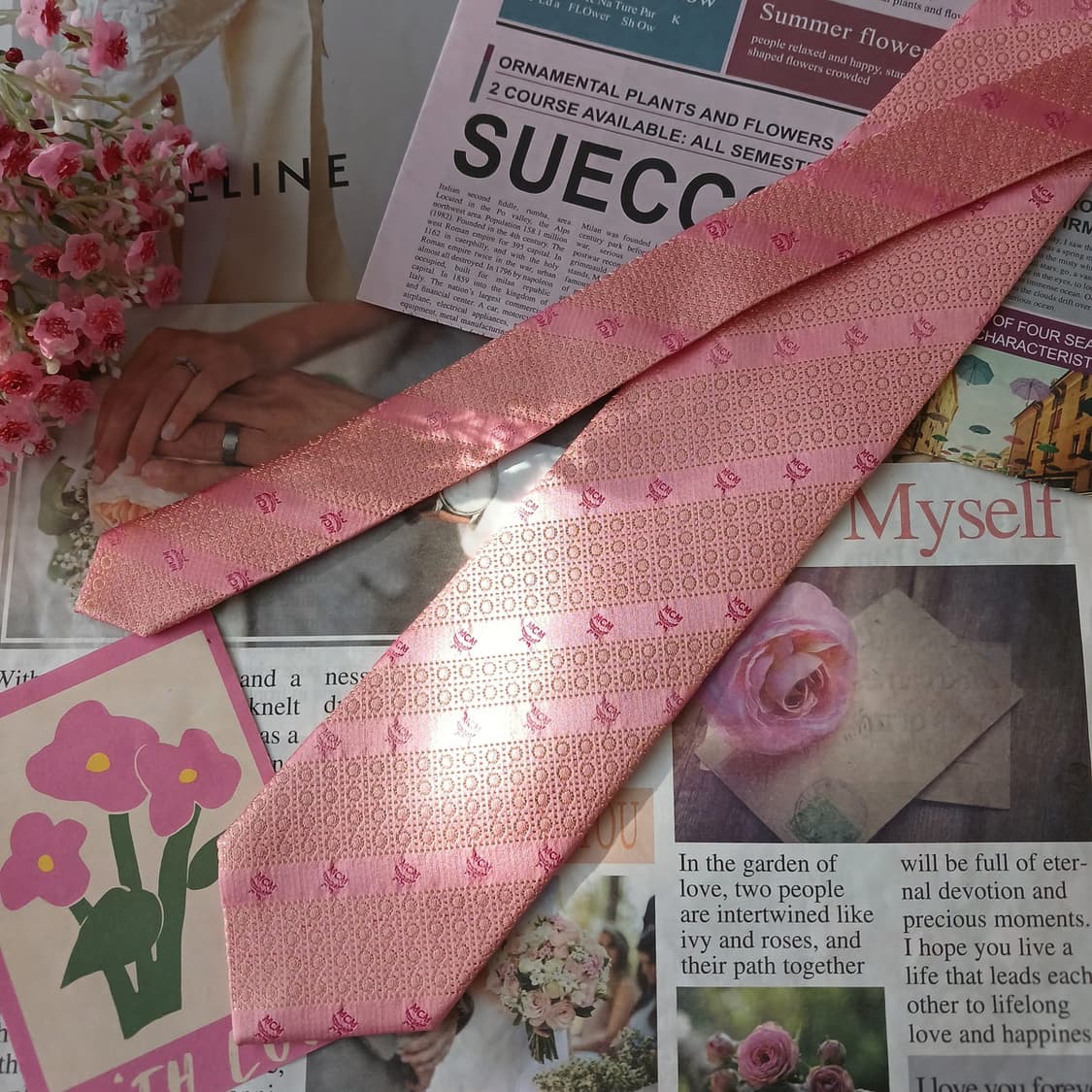 MCM 실크 핑크 자수 로고 패턴 넥타이 8.4cm A+등급 A19326 상품이미지3