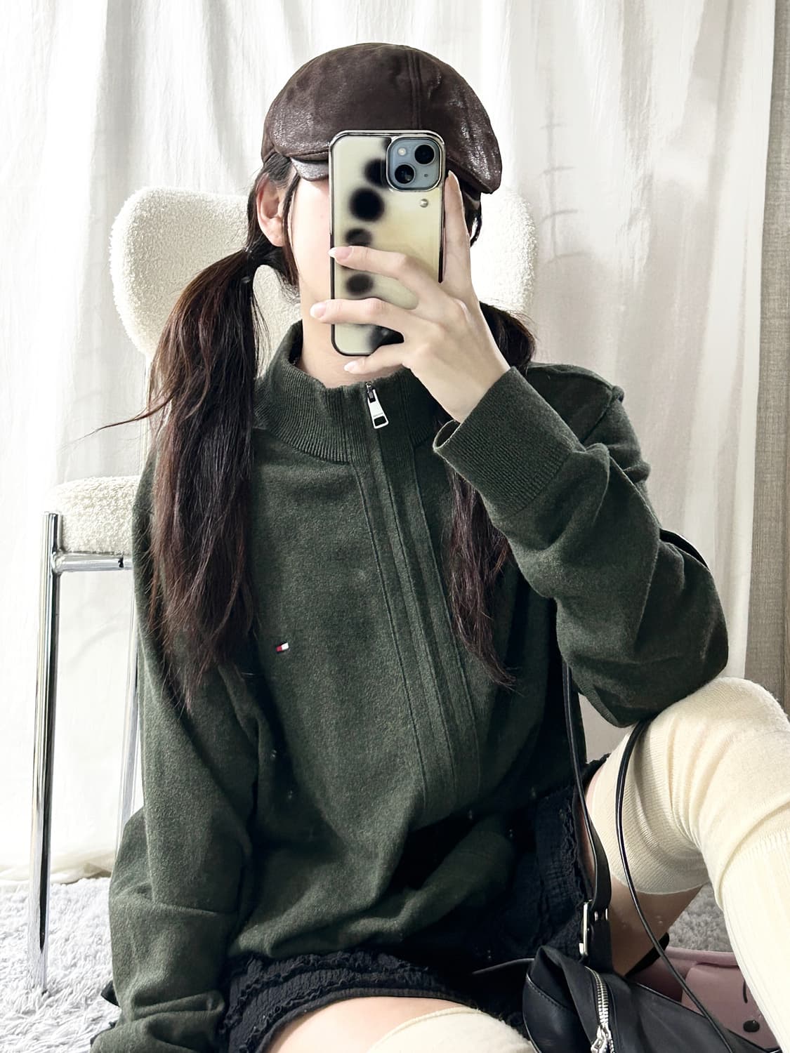 타미힐피거 스몰로고 캐시혼방 카키 니트집업 상품이미지1