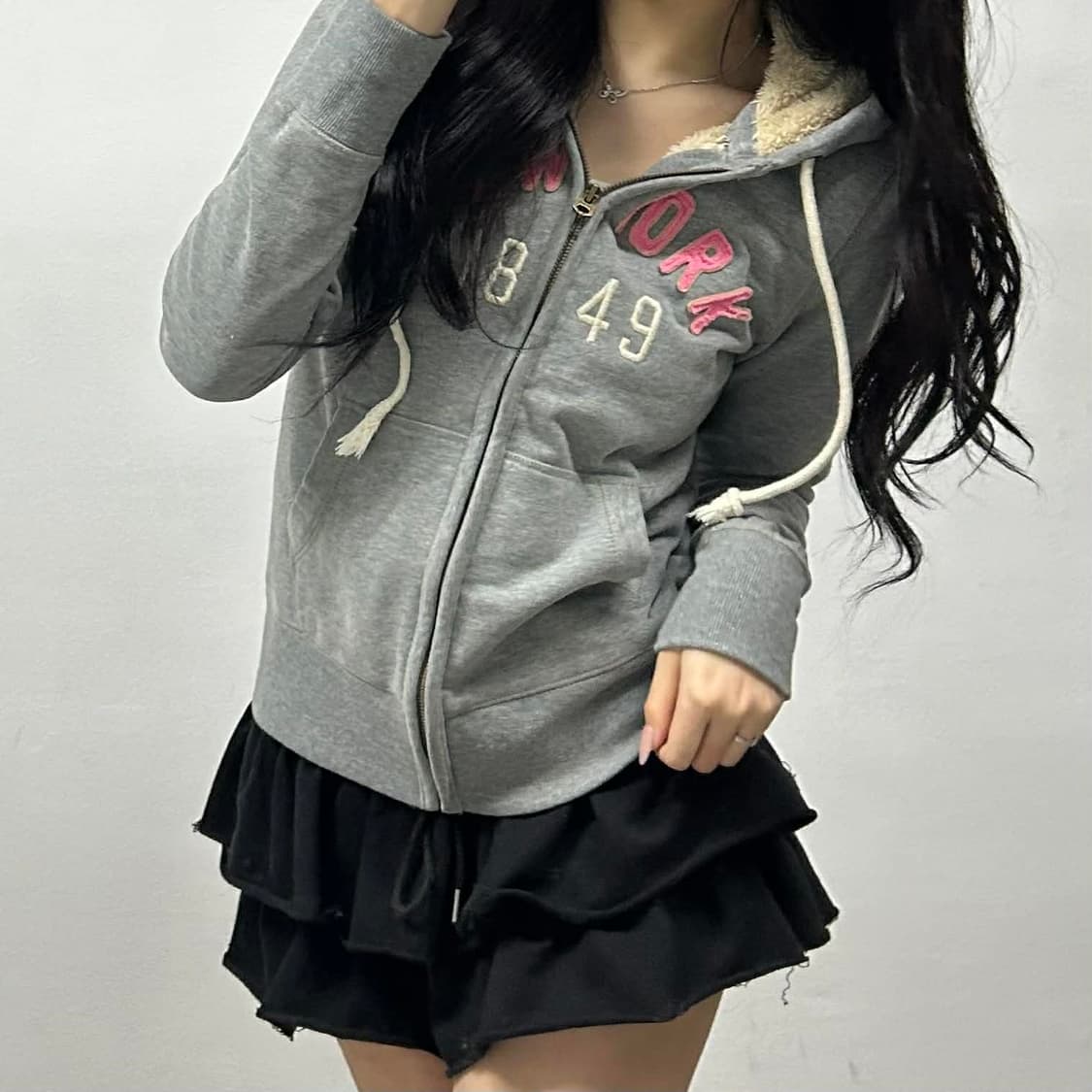 후아유 y2k 그레이 핑크 대대장 후드집업 희귀져지(S) 상품이미지3