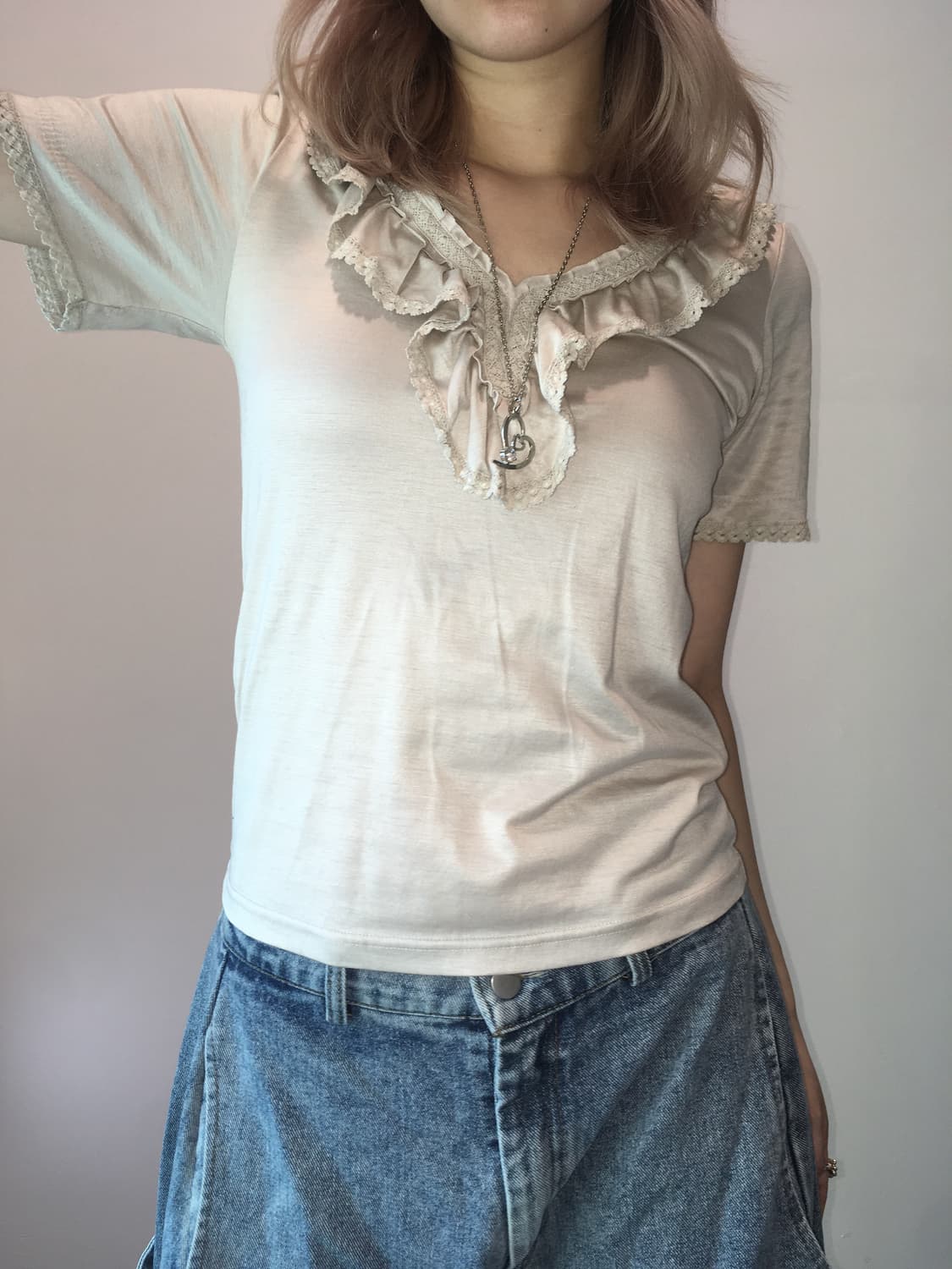 jpn vintage beige ruffle crochet half t  상품이미지3