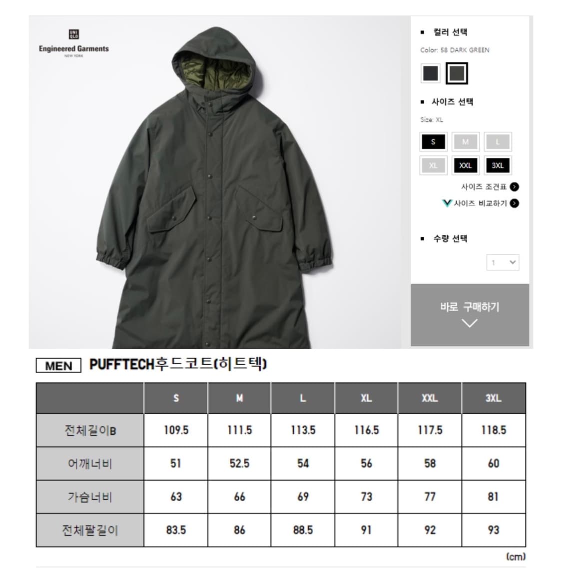 유니클로 엔지니어드가먼츠 퍼프테크 후드코트 상품이미지5