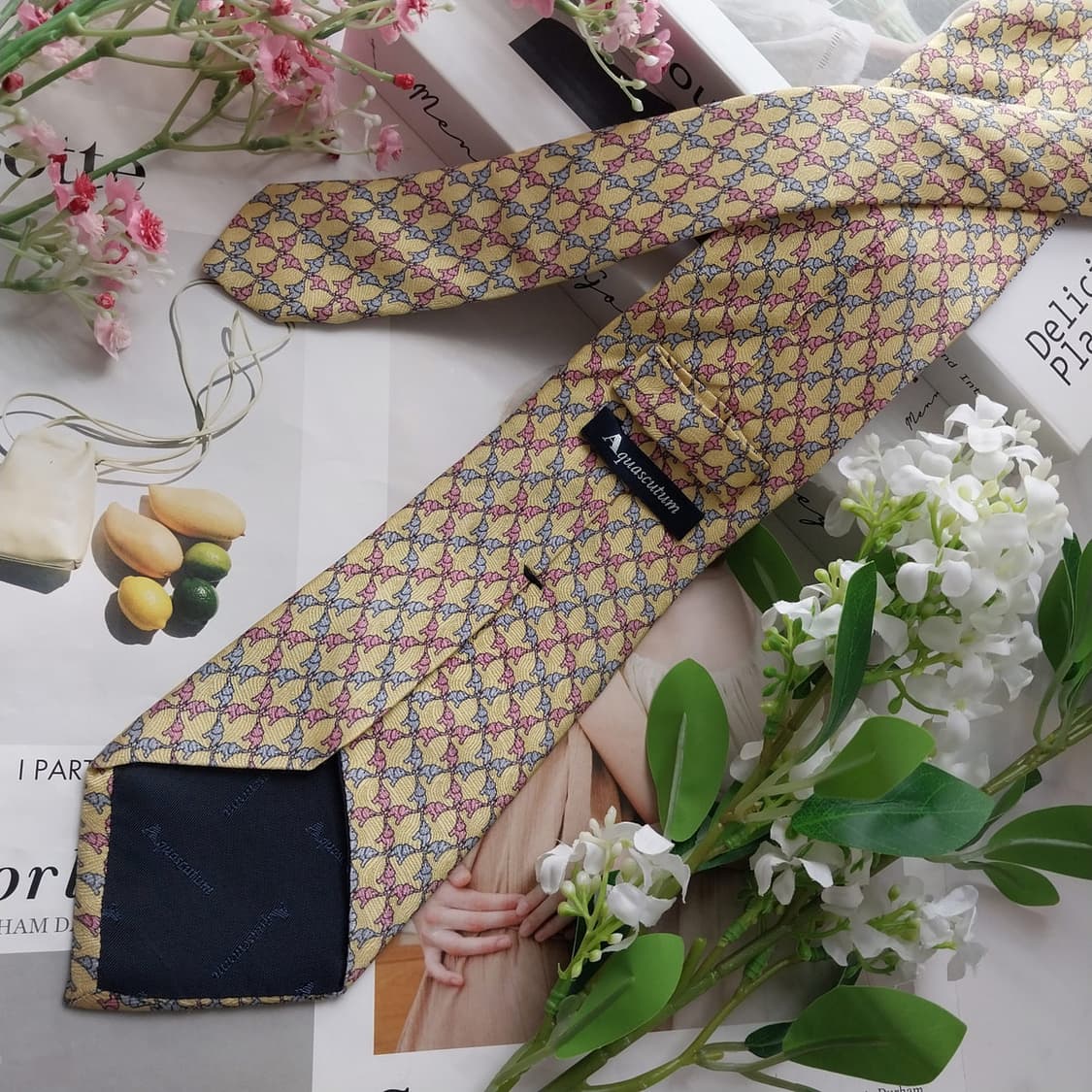 아쿠아스큐텀 실크 레몬 코끼리 패턴 넥타이 8.6cm A등급 K2310 상품이미지3