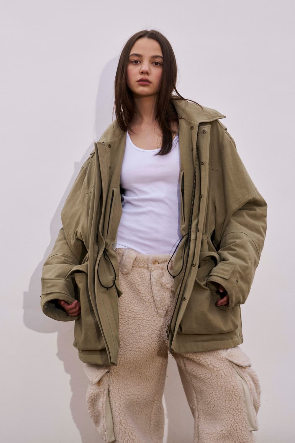 [M]yiyae 셔링 워크 코트 페이드 그린 상품이미지1