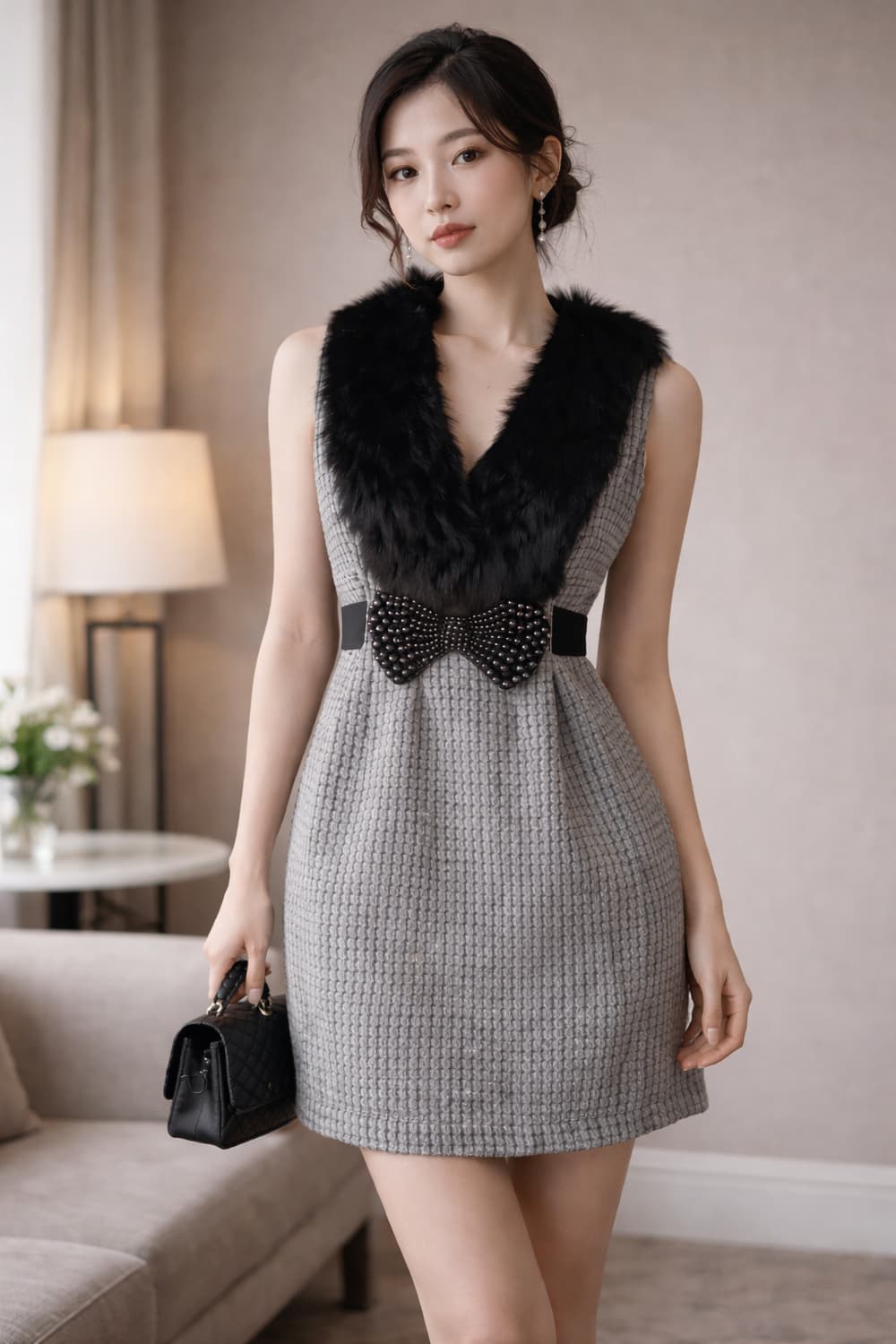 청담 편집샵 리얼 토끼털 퍼 진주 리본 원피스 44 / 하객룩 상품이미지1