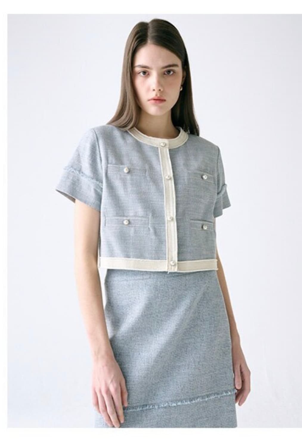 프론트로우 트위드 크롭 자켓 라이트 블루 44~55 상품이미지1