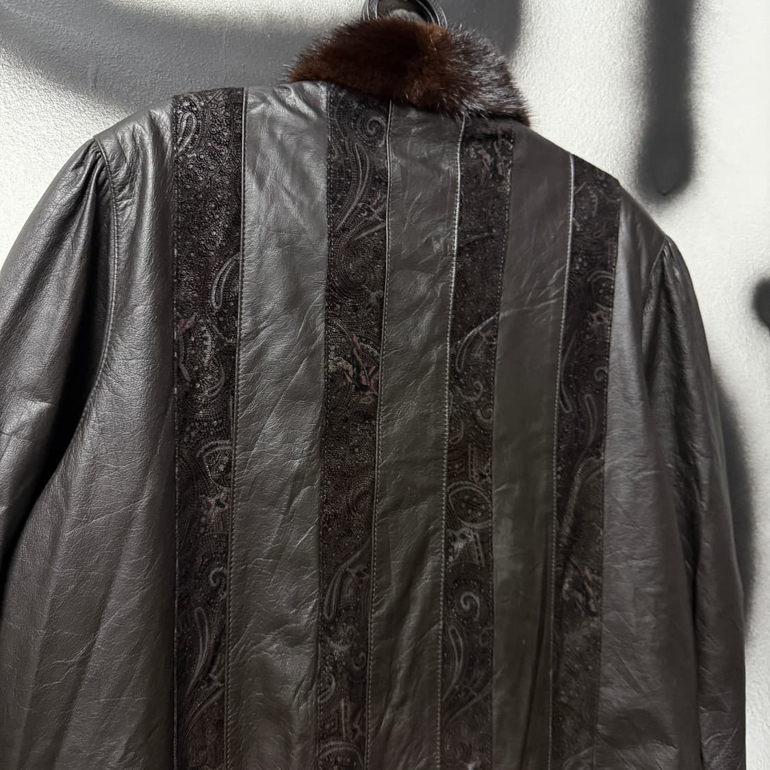 VTG 빈티지 딥 브라운 퍼 카라 스웨이드 디테일 소가죽 롱 코트 상품이미지6