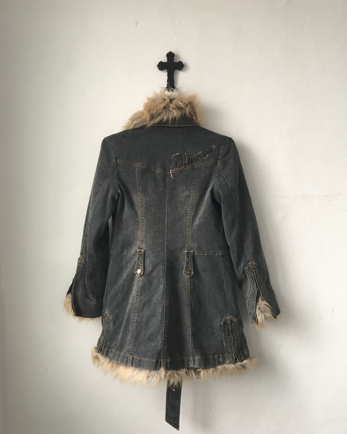 Belted fake fur trimming denim jacket 상품이미지5