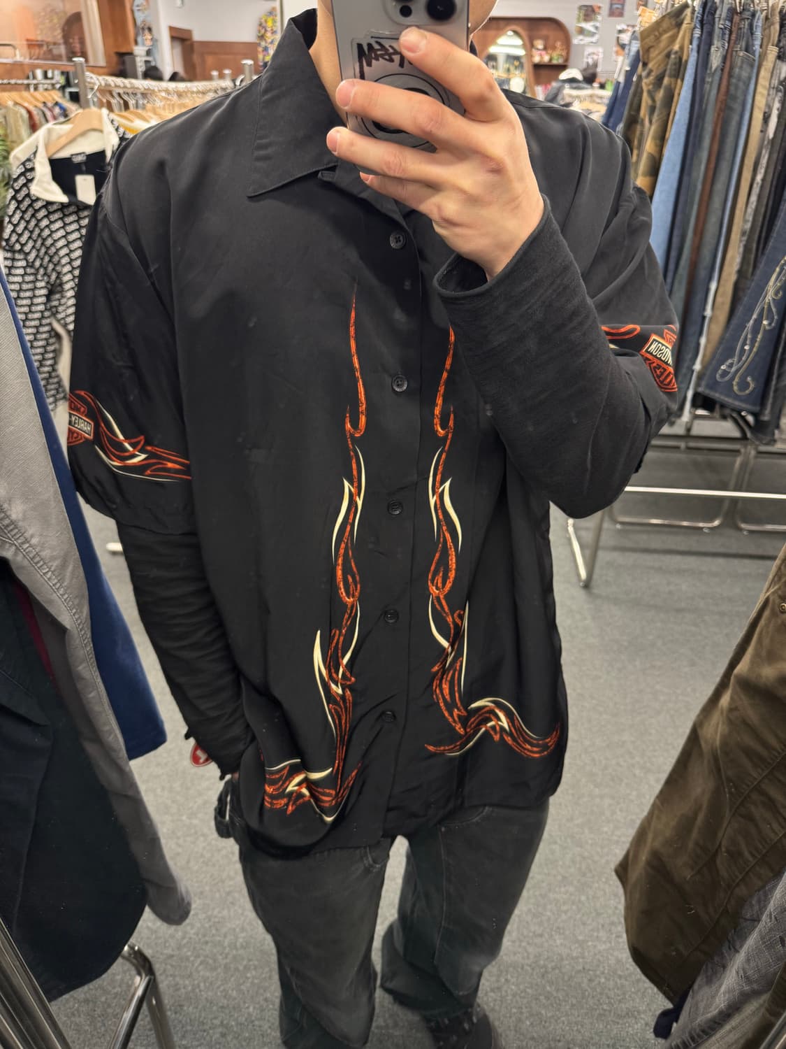 XL)할리데이비슨 빈티지 플레임 패턴 반팔셔츠 상품이미지1