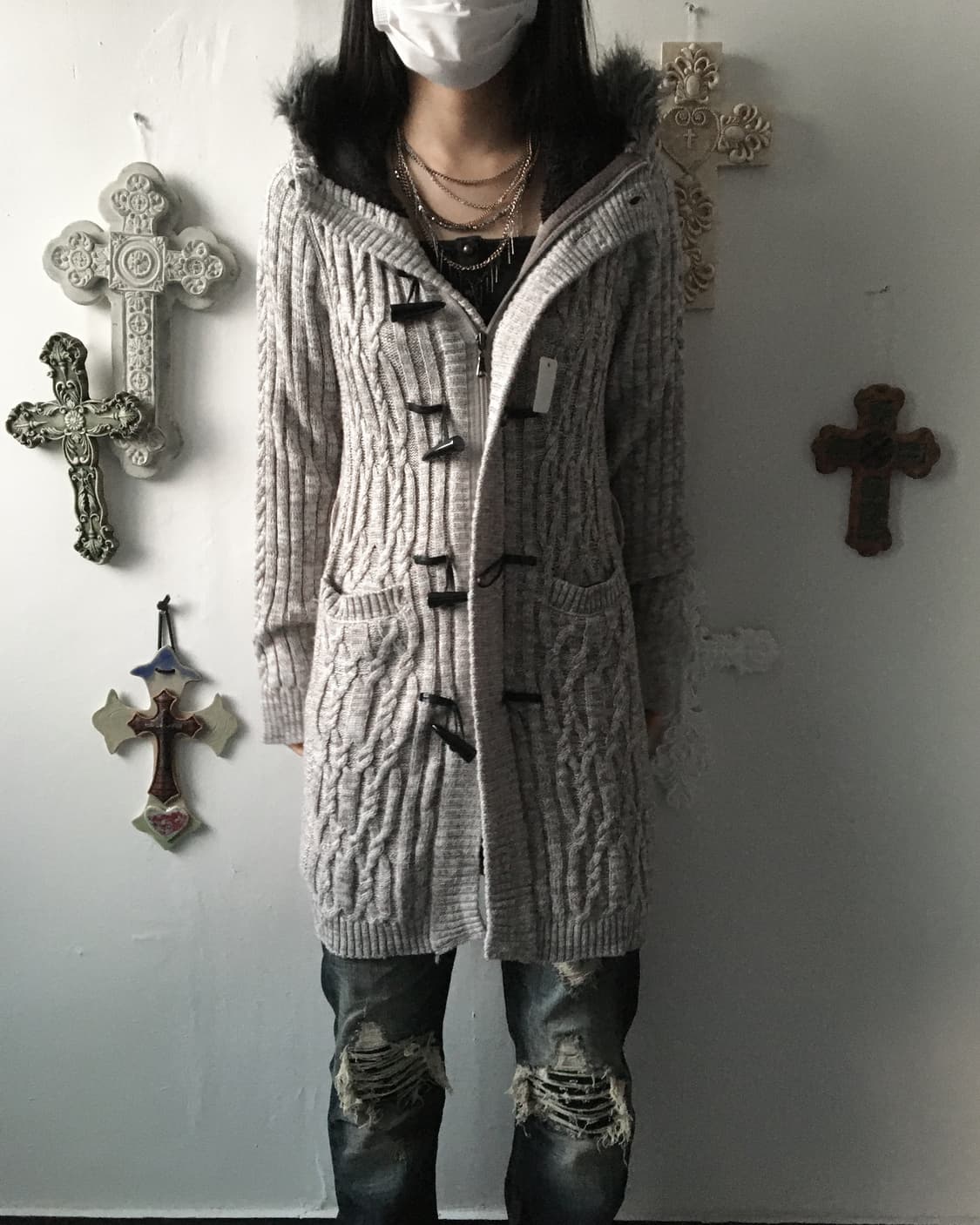 Fake fur hood duffle button knit cardiga 상품이미지7